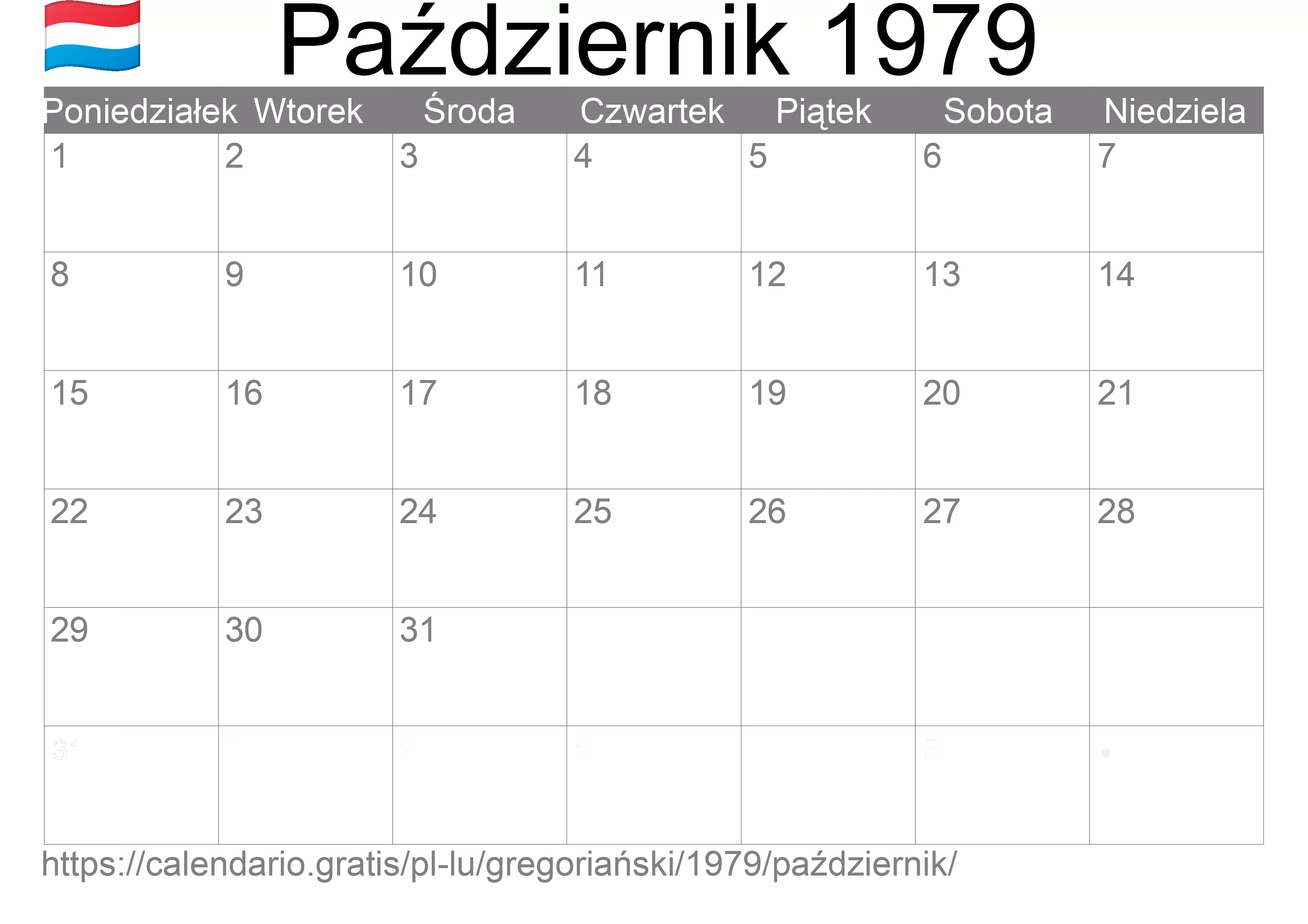 Kalendarz na Październik 1979 do druku (Luksemburg) Kalendarz na Październik 1979 do druku (Luksemburg)
