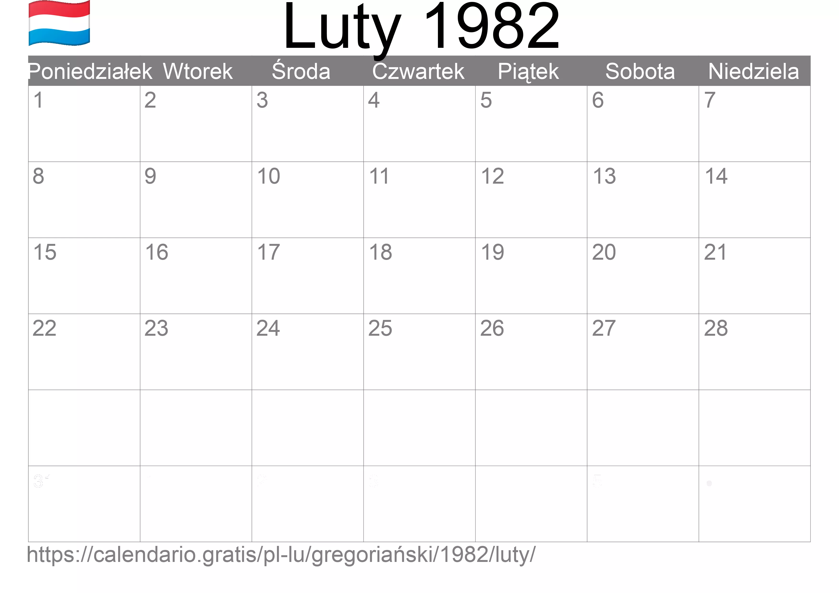 Kalendarz na Luty 1982 do druku (Luksemburg)