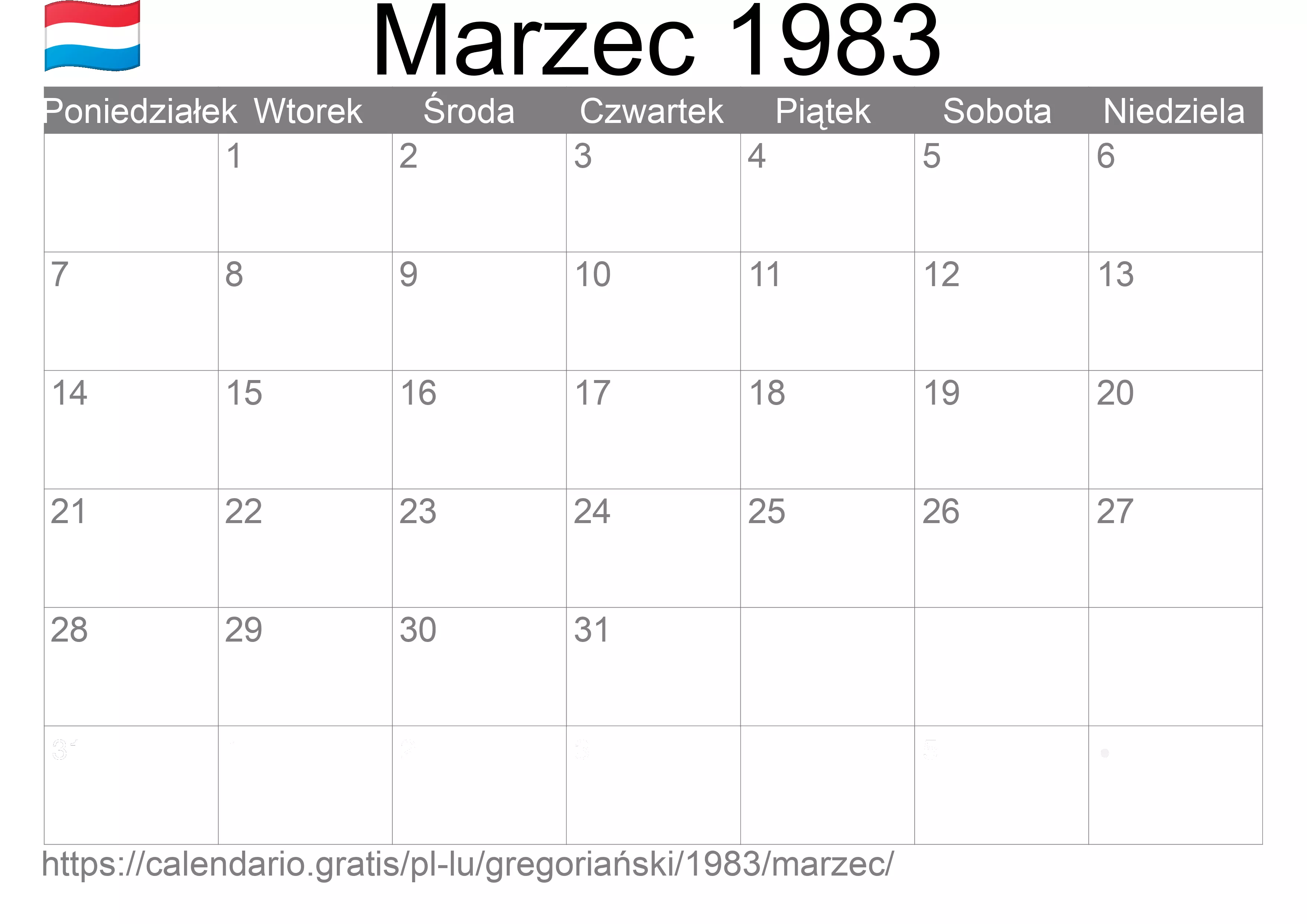 Kalendarz na Marzec 1983 do druku (Luksemburg) Kalendarz na Marzec 1983 do druku (Luksemburg)