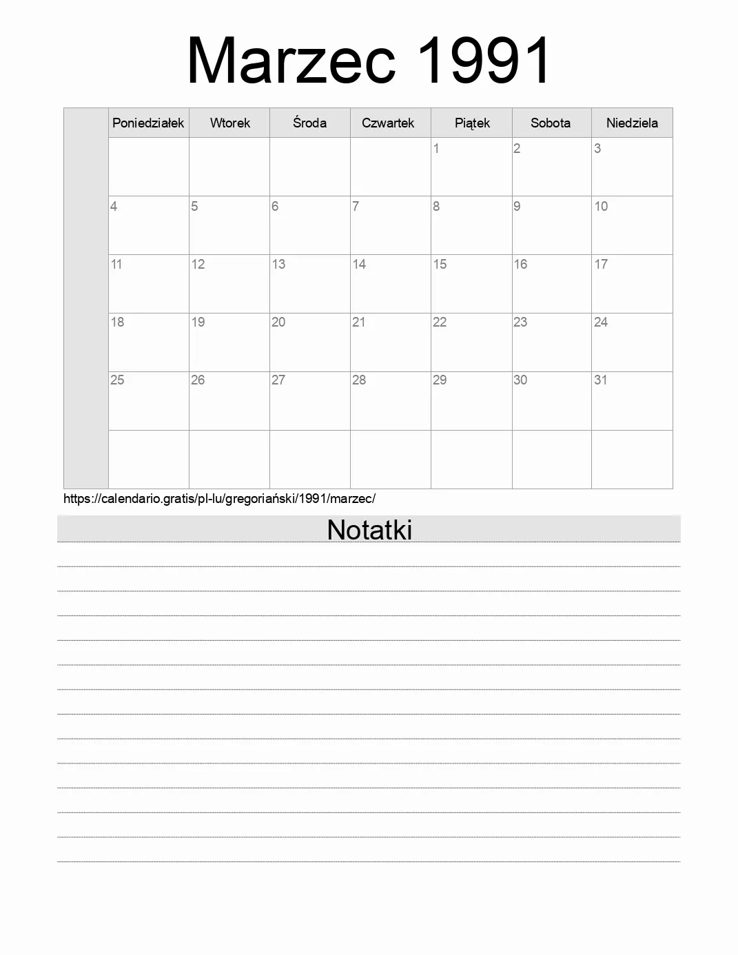 Kalendarz na Marzec 1991 do druku z notatkami. (Luksemburg) Kalendarz na Marzec 1991 do druku z notatkami. (Luksemburg)