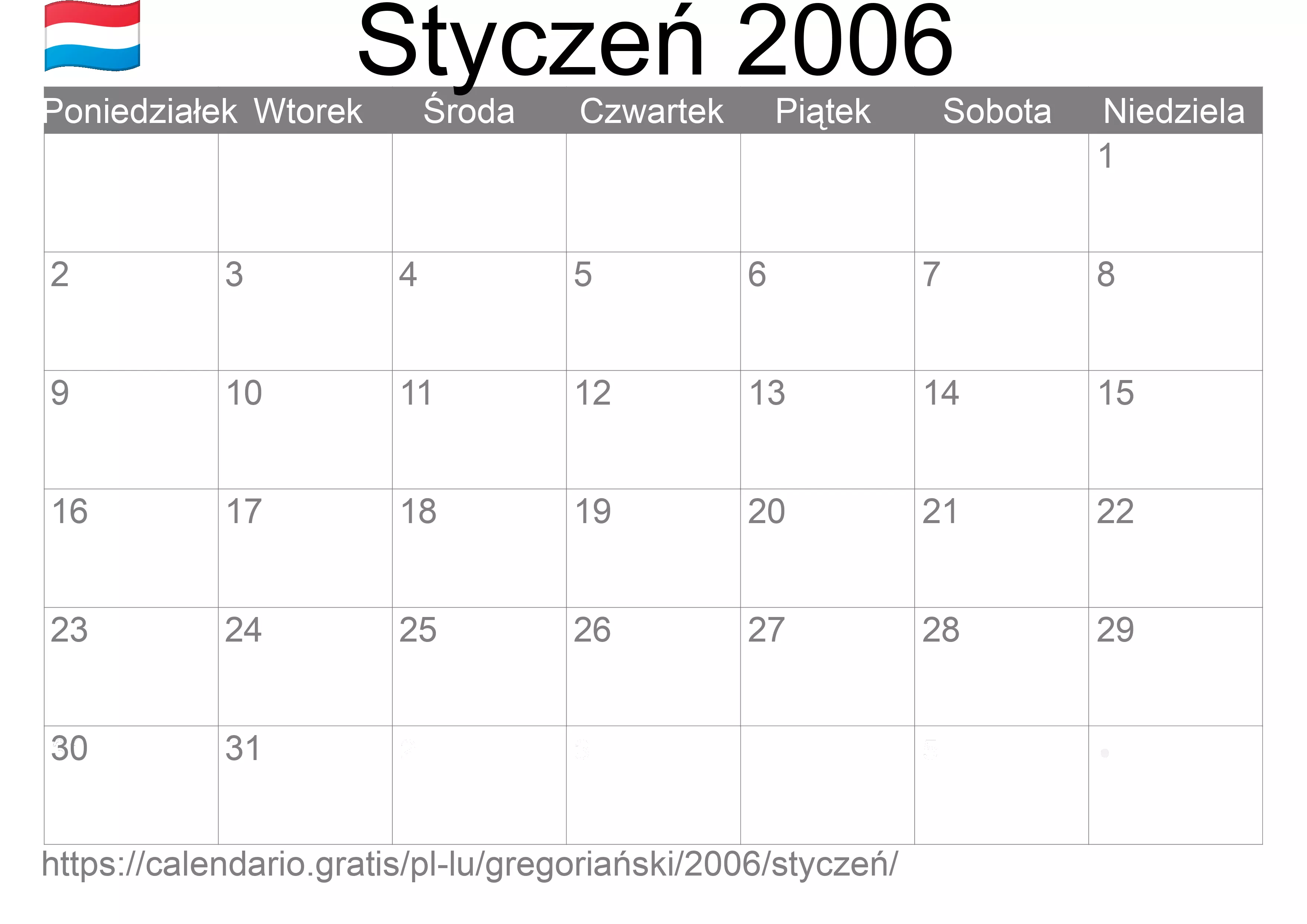 Kalendarz na Styczeń 2006 do druku (Luksemburg)