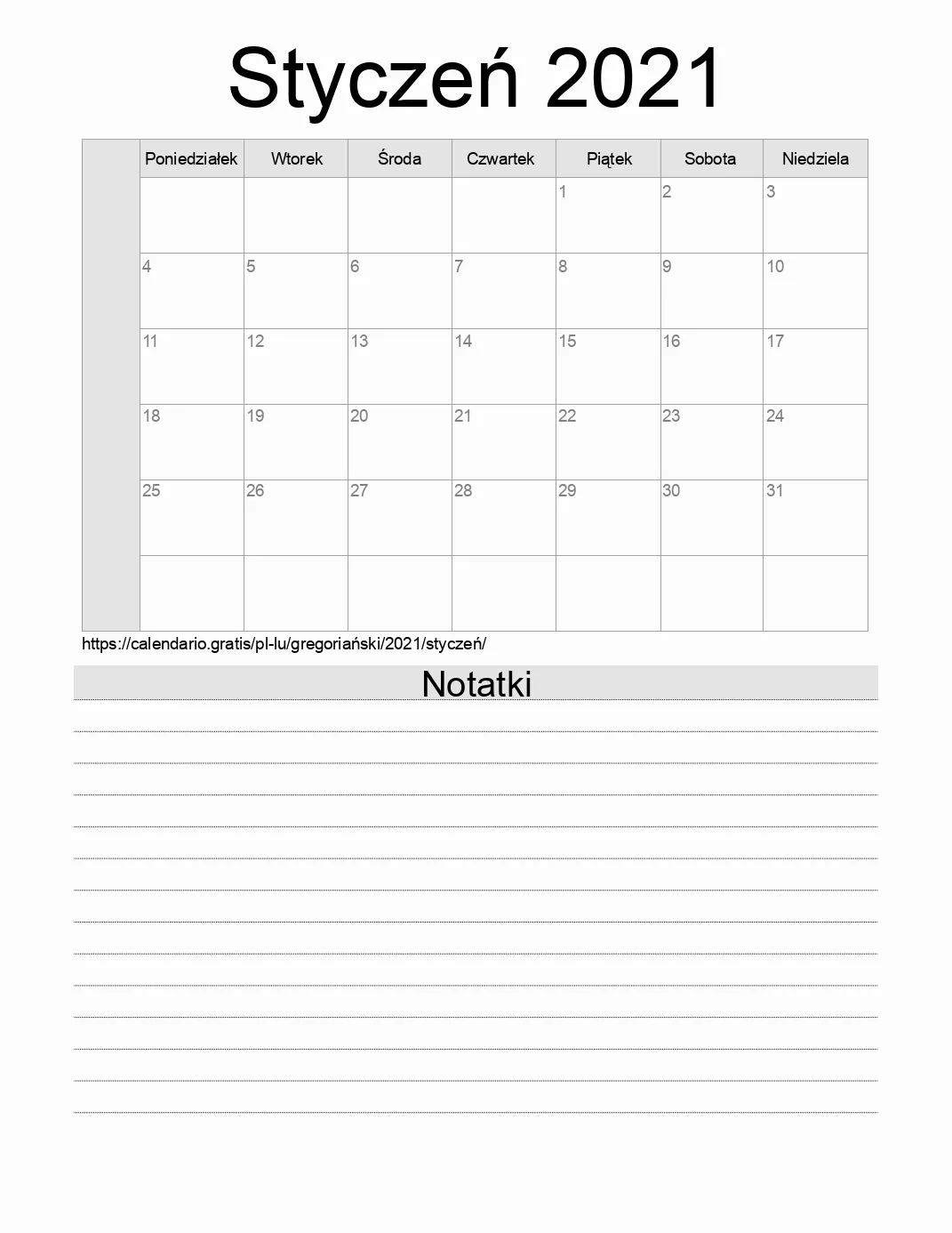 Kalendarz na Styczeń 2021 do druku z notatkami. (Luksemburg) Kalendarz na Styczeń 2021 do druku z notatkami. (Luksemburg)