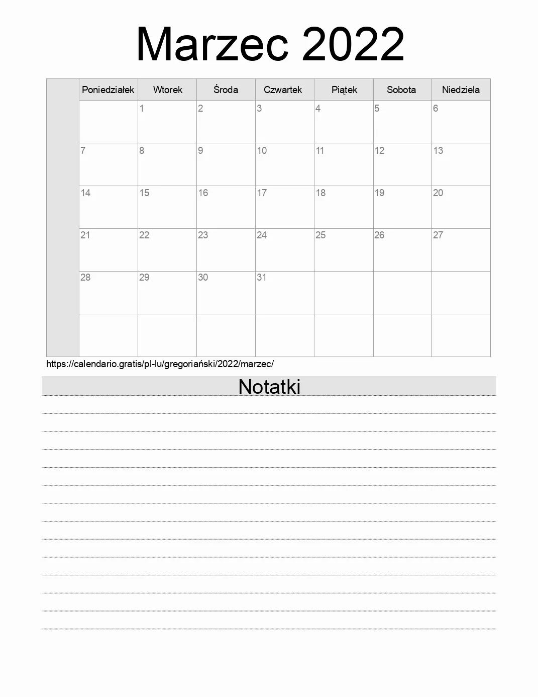 Kalendarz na Marzec 2022 do druku z notatkami. (Luksemburg) Kalendarz na Marzec 2022 do druku z notatkami. (Luksemburg)