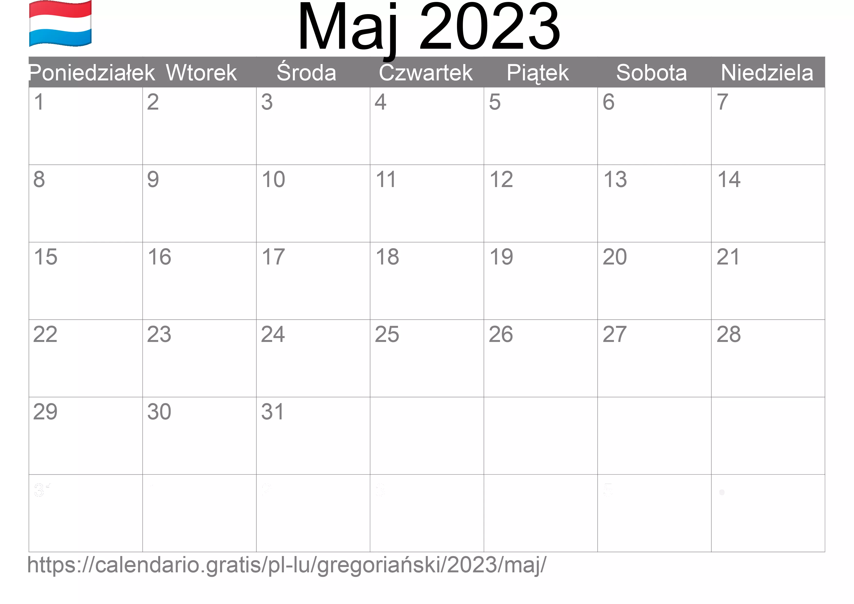Kalendarz na Maj 2023 do druku (Luksemburg) Kalendarz na Maj 2023 do druku (Luksemburg)