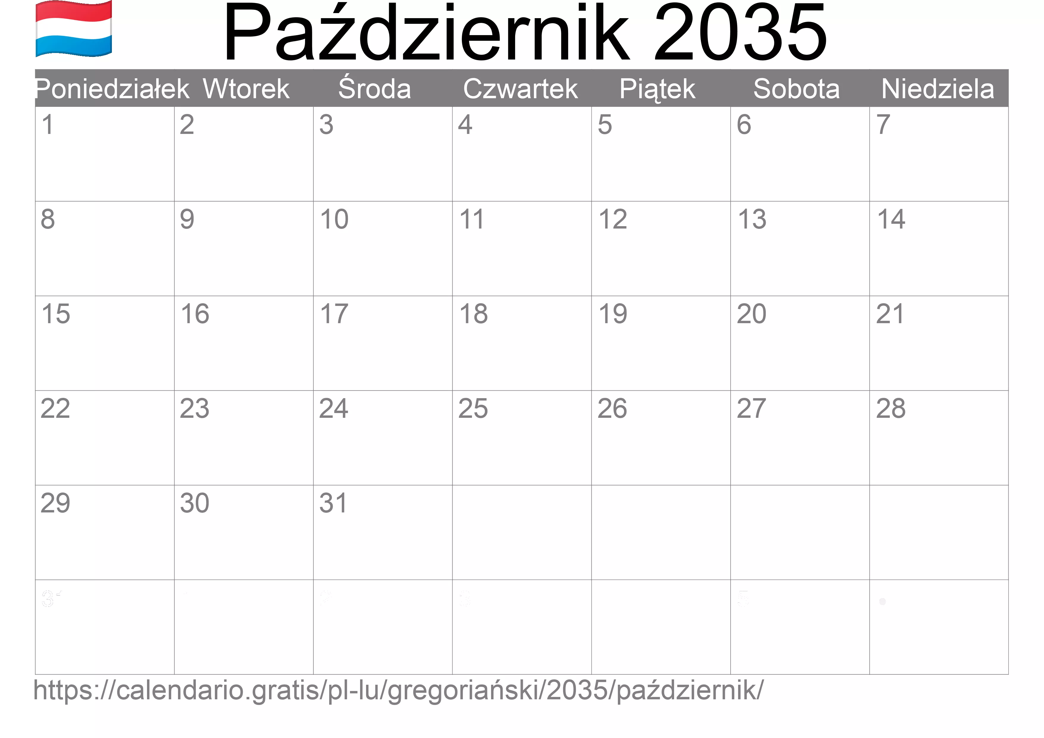 Kalendarz na Październik 2035 do druku (Luksemburg) Kalendarz na Październik 2035 do druku (Luksemburg)
