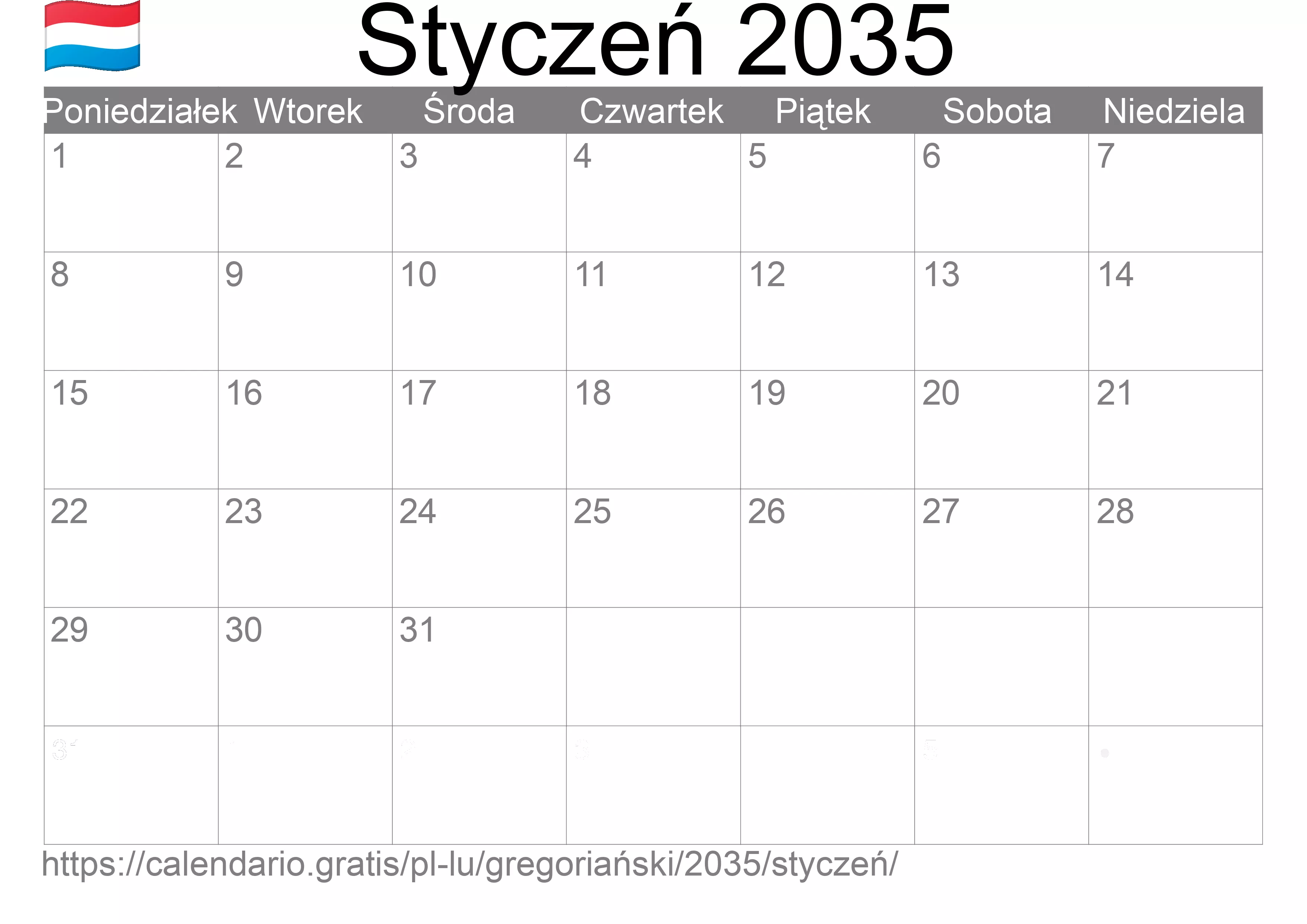 Kalendarz na Styczeń 2035 do druku (Luksemburg) Kalendarz na Styczeń 2035 do druku (Luksemburg)