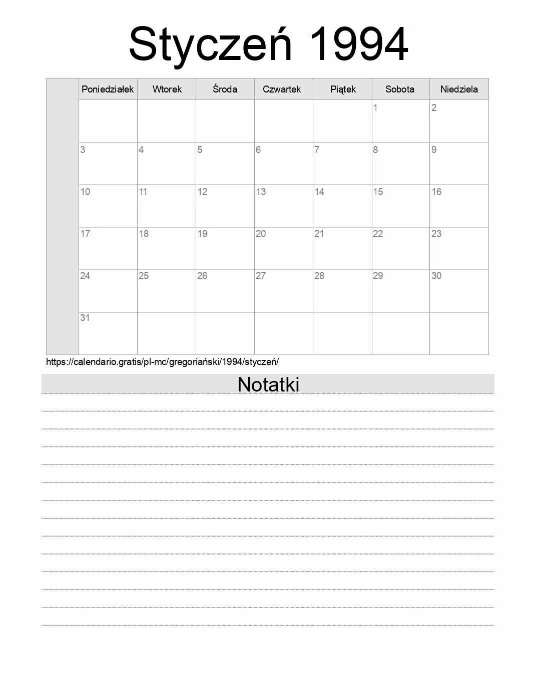 Kalendarz na Styczeń 1994 do druku z notatkami. (Monako) Kalendarz na Styczeń 1994 do druku z notatkami. (Monako)