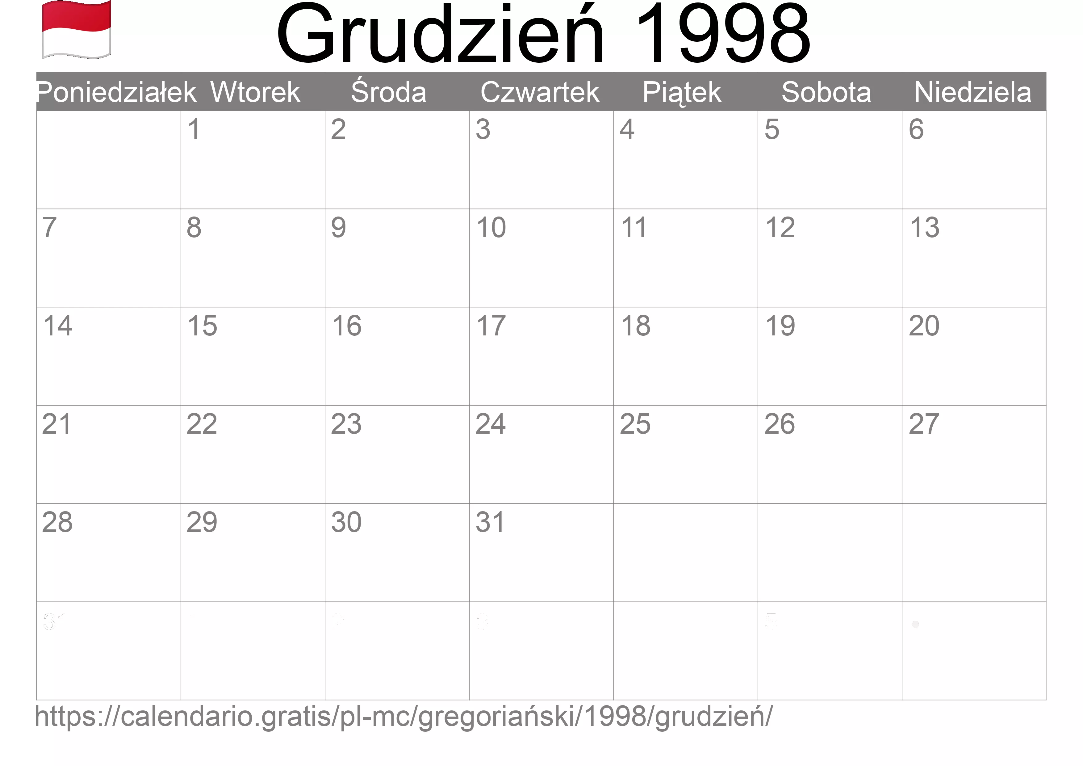 Kalendarz na Grudzień 1998 do druku (Monako) Kalendarz na Grudzień 1998 do druku (Monako)
