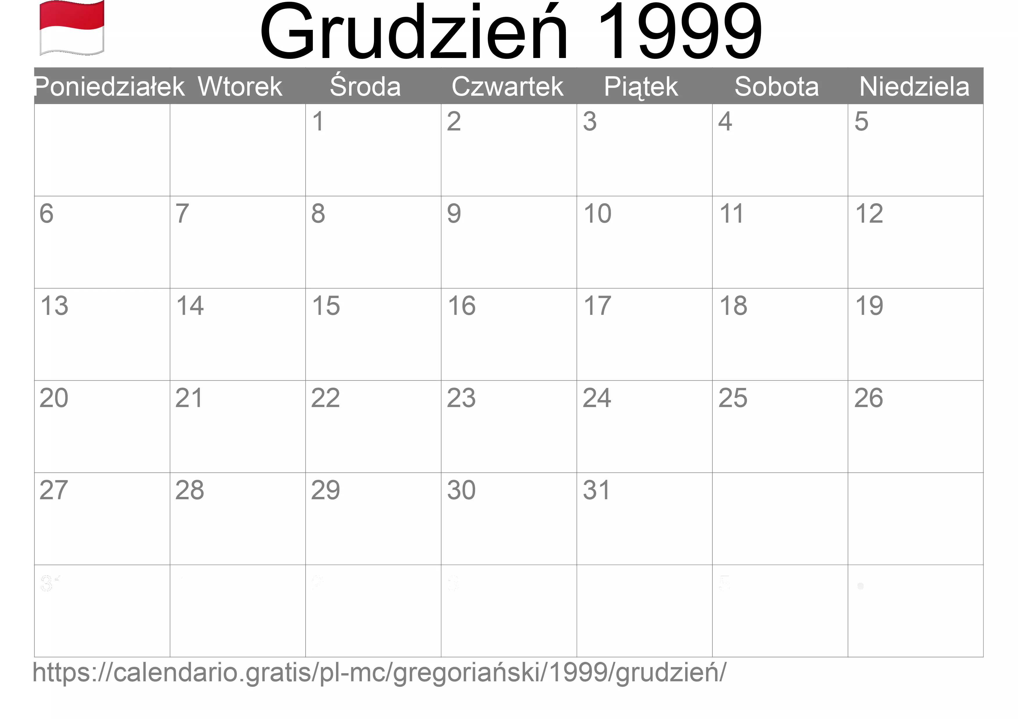 Kalendarz na Grudzień 1999 do druku (Monako) Kalendarz na Grudzień 1999 do druku (Monako)