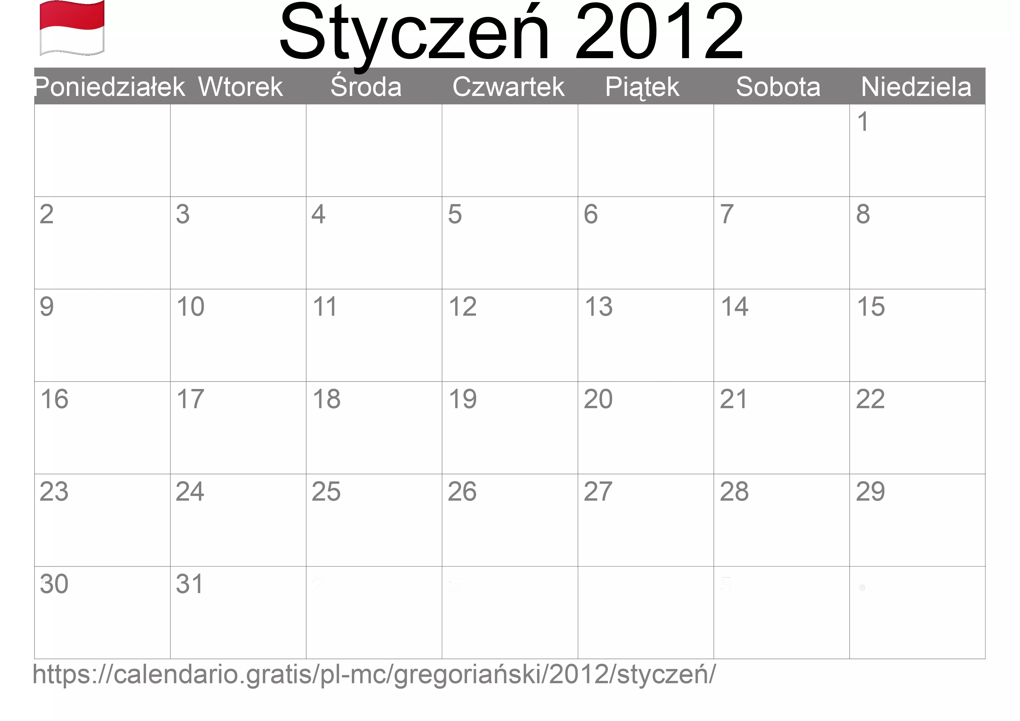 Kalendarz na Styczeń 2012 do druku (Monako) Kalendarz na Styczeń 2012 do druku (Monako)