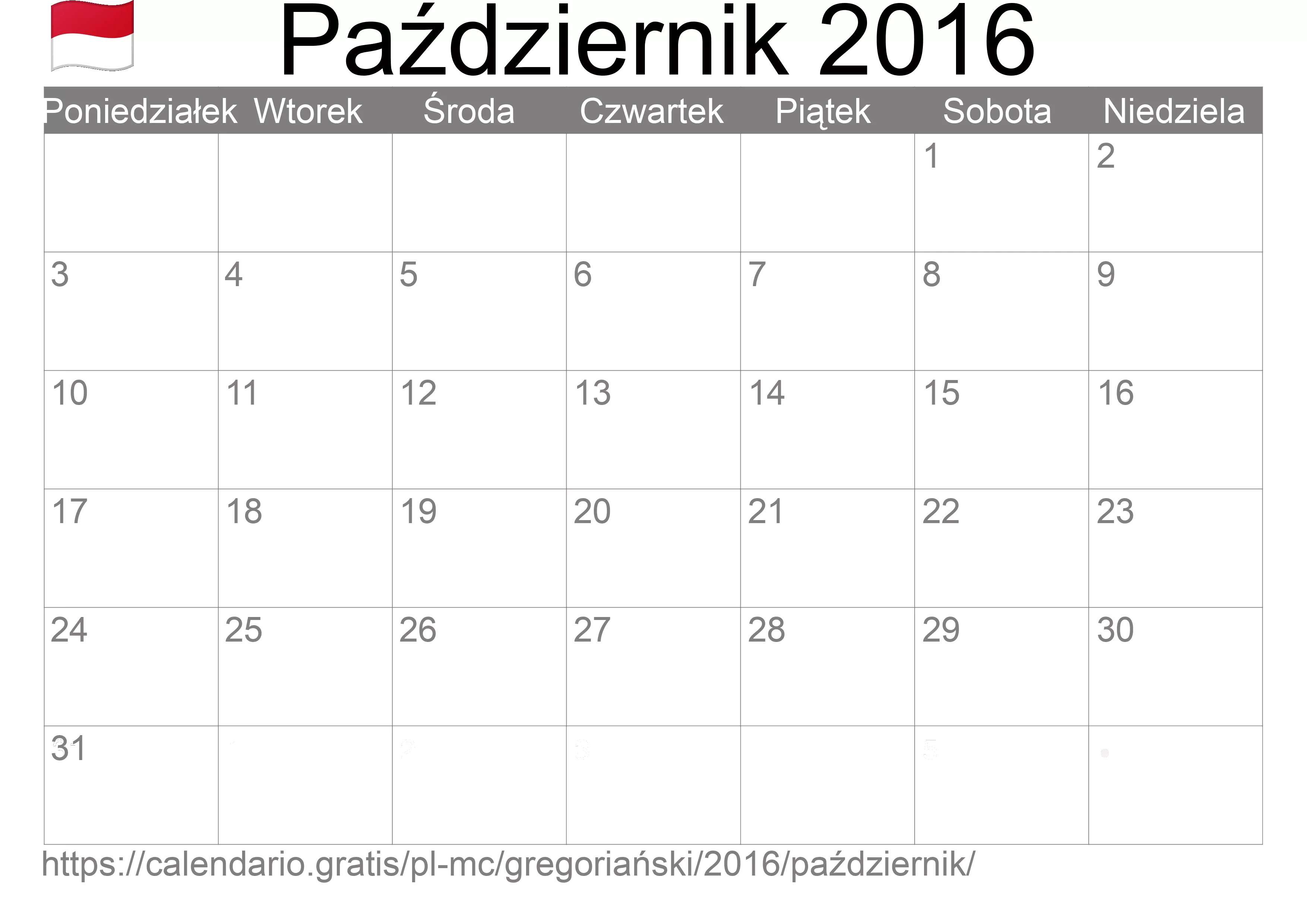 Kalendarz na Październik 2016 do druku (Monako) Kalendarz na Październik 2016 do druku (Monako)