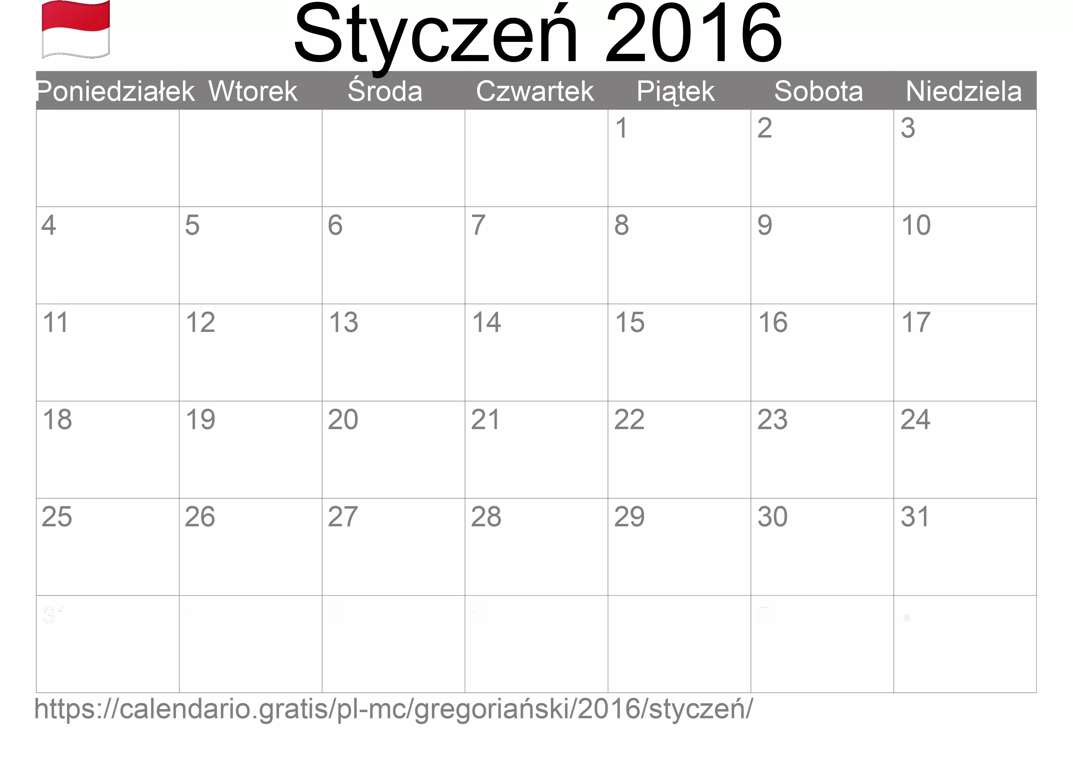 Kalendarz na Styczeń 2016 do druku (Monako) Kalendarz na Styczeń 2016 do druku (Monako)