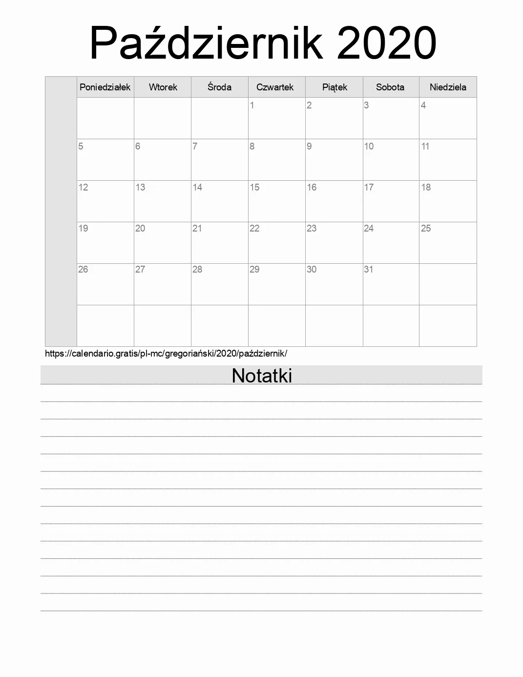 Kalendarz na Październik 2020 do druku z notatkami. (Monako) Kalendarz na Październik 2020 do druku z notatkami. (Monako)