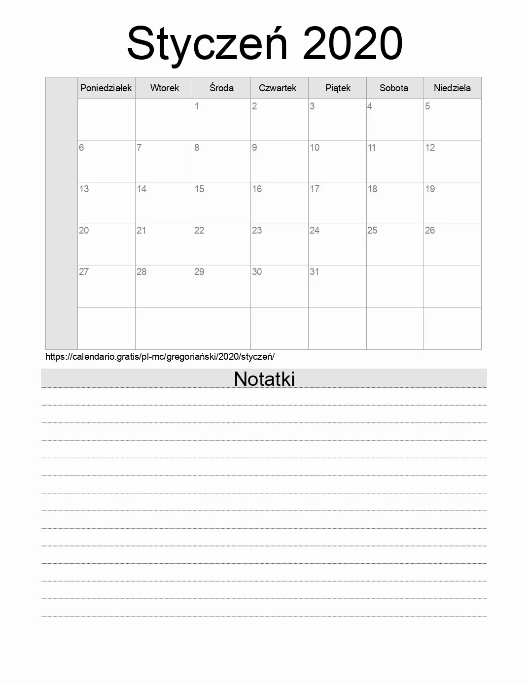 Kalendarz na Styczeń 2020 do druku z notatkami. (Monako) Kalendarz na Styczeń 2020 do druku z notatkami. (Monako)