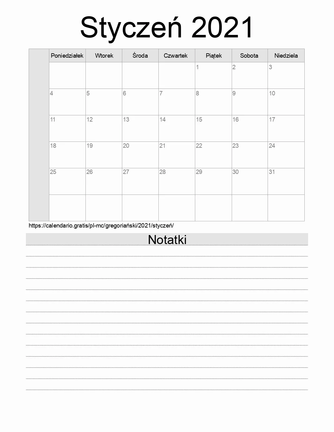 Kalendarz na Styczeń 2021 do druku z notatkami. (Monako) Kalendarz na Styczeń 2021 do druku z notatkami. (Monako)