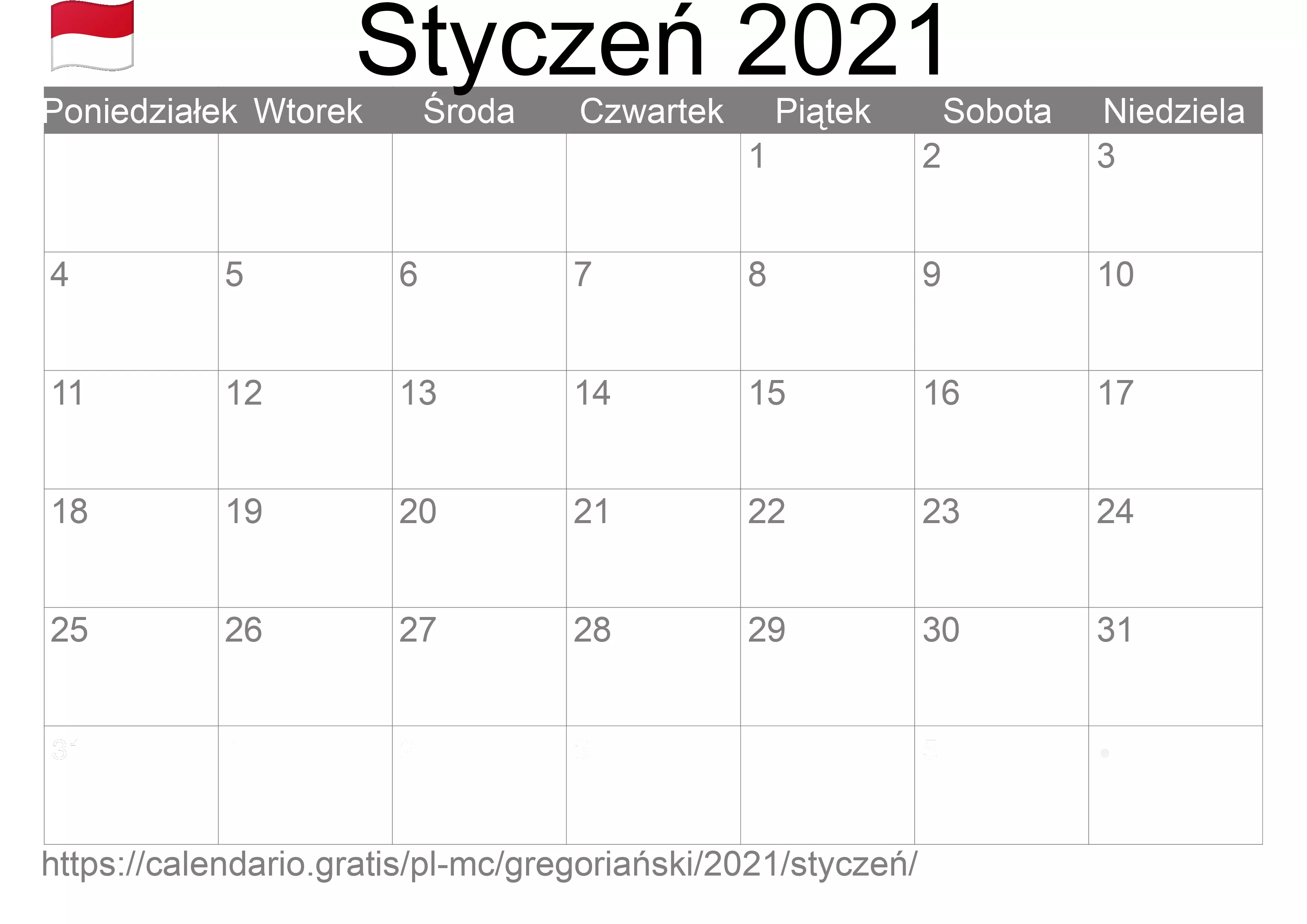 Kalendarz na Styczeń 2021 do druku (Monako) Kalendarz na Styczeń 2021 do druku (Monako)
