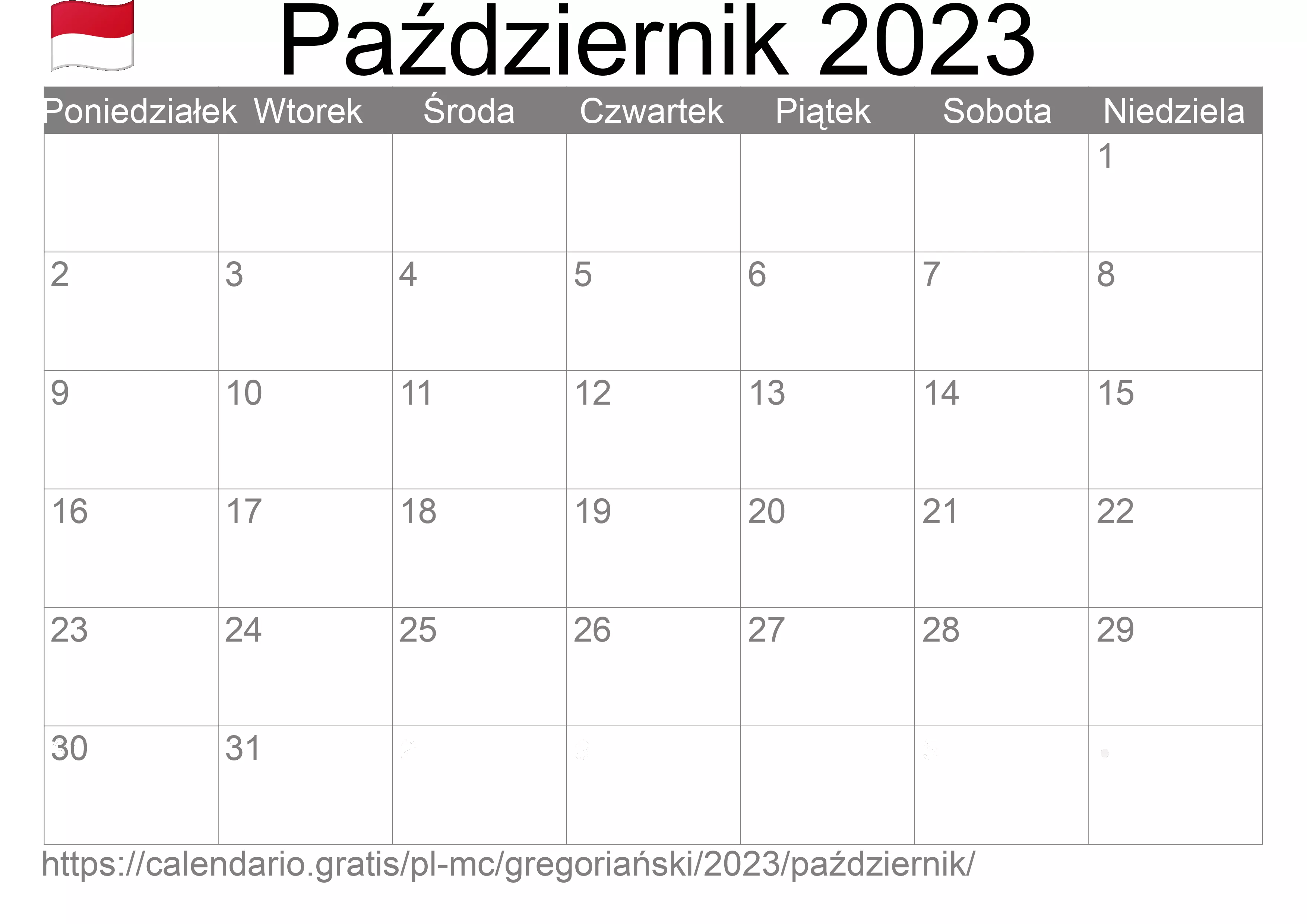 Kalendarz na Październik 2023 do druku (Monako) Kalendarz na Październik 2023 do druku (Monako)