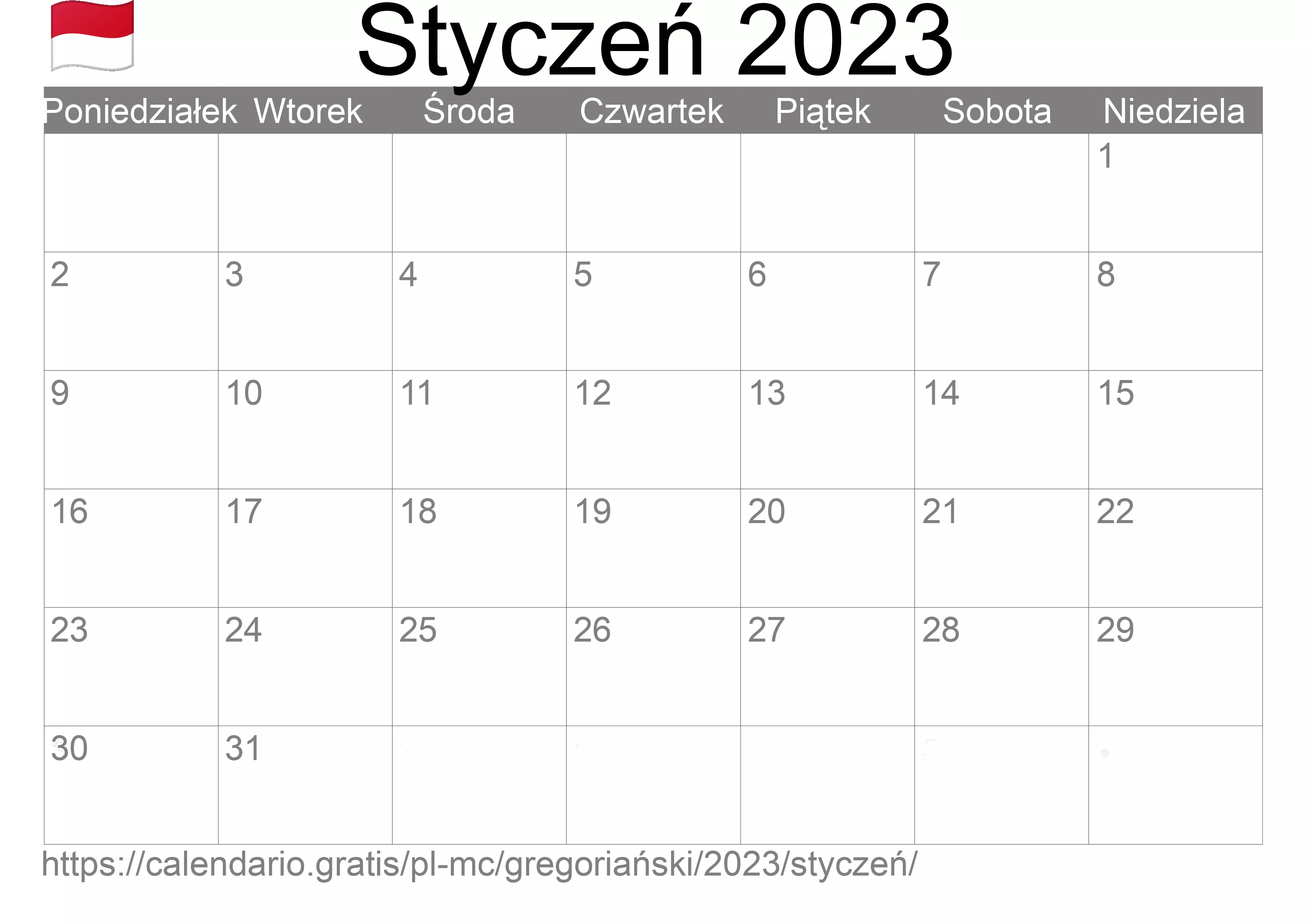 Kalendarz na Styczeń 2023 do druku (Monako) Kalendarz na Styczeń 2023 do druku (Monako)