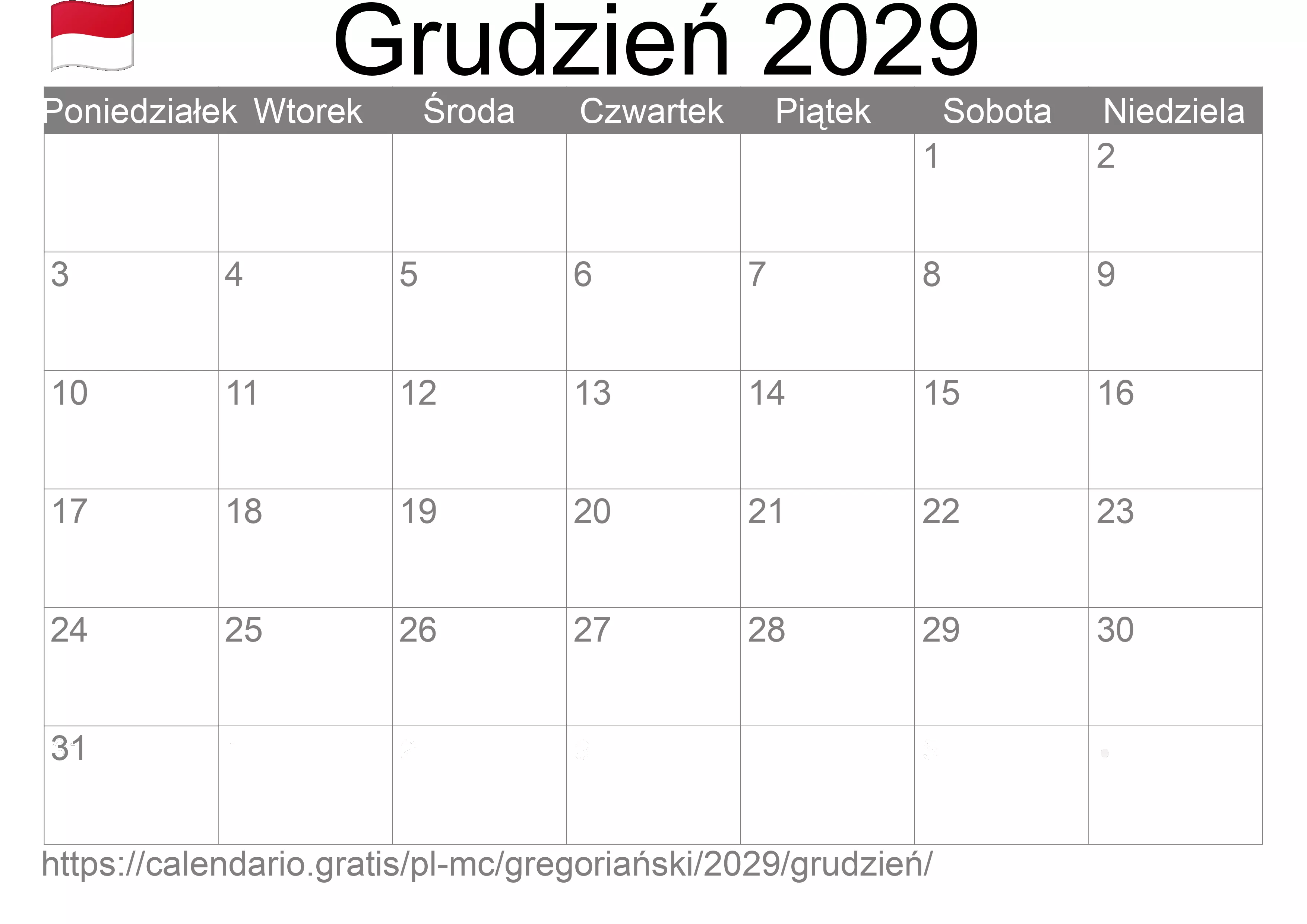 Kalendarz na Grudzień 2029 do druku (Monako) Kalendarz na Grudzień 2029 do druku (Monako)