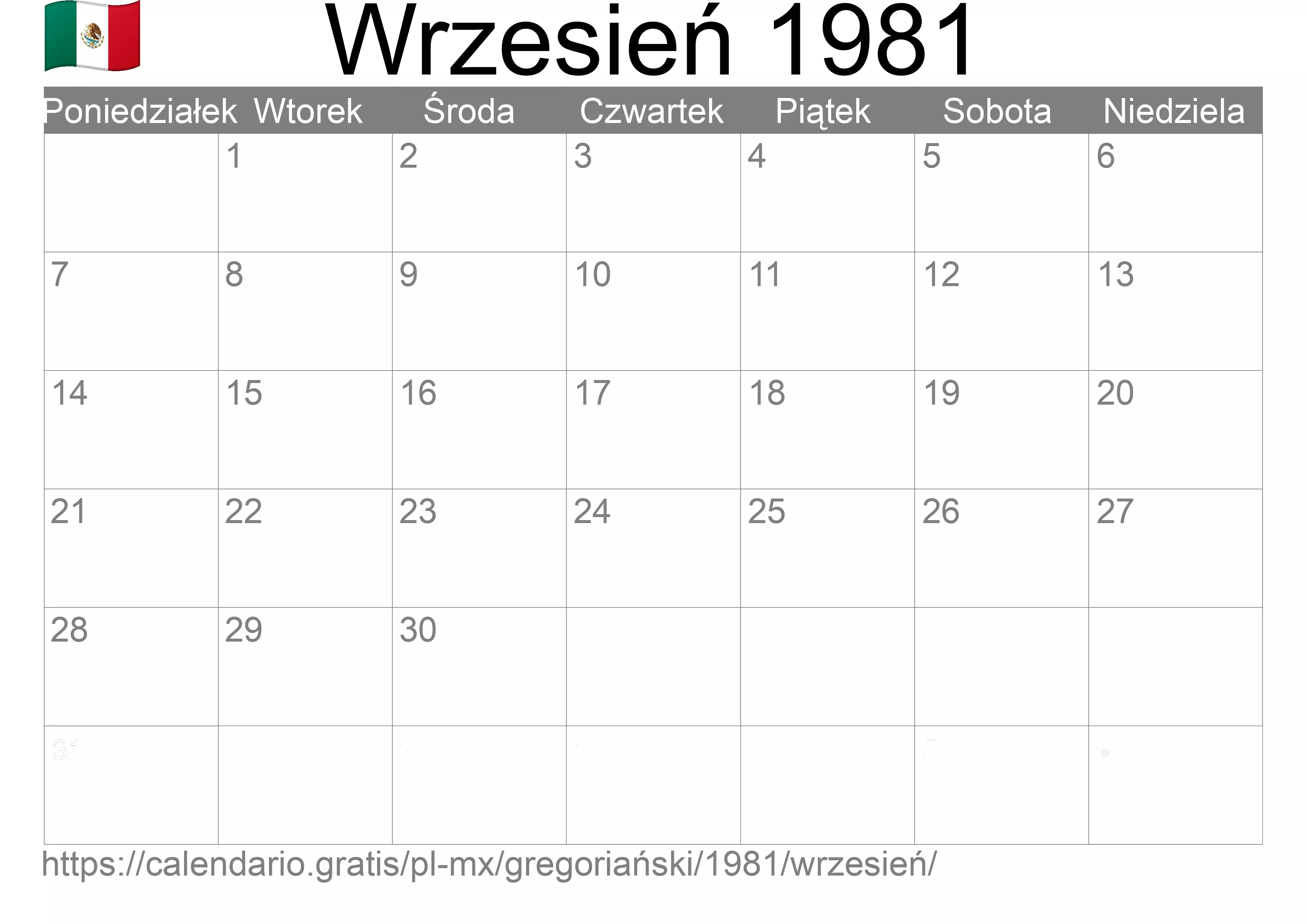 Kalendarz na Wrzesień 1981 do druku (Meksyk)