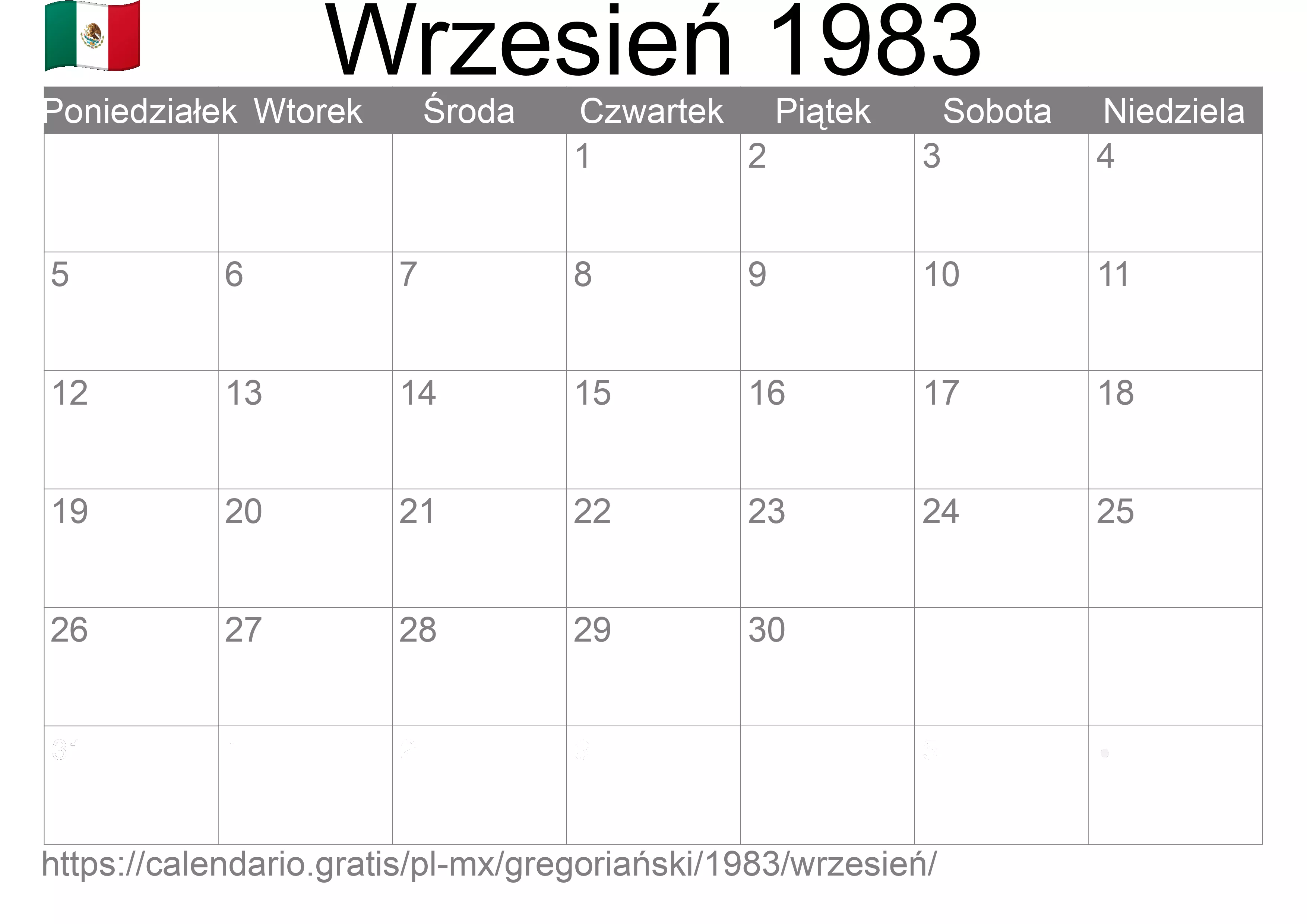 Kalendarz na Wrzesień 1983 do druku (Meksyk) Kalendarz na Wrzesień 1983 do druku (Meksyk)