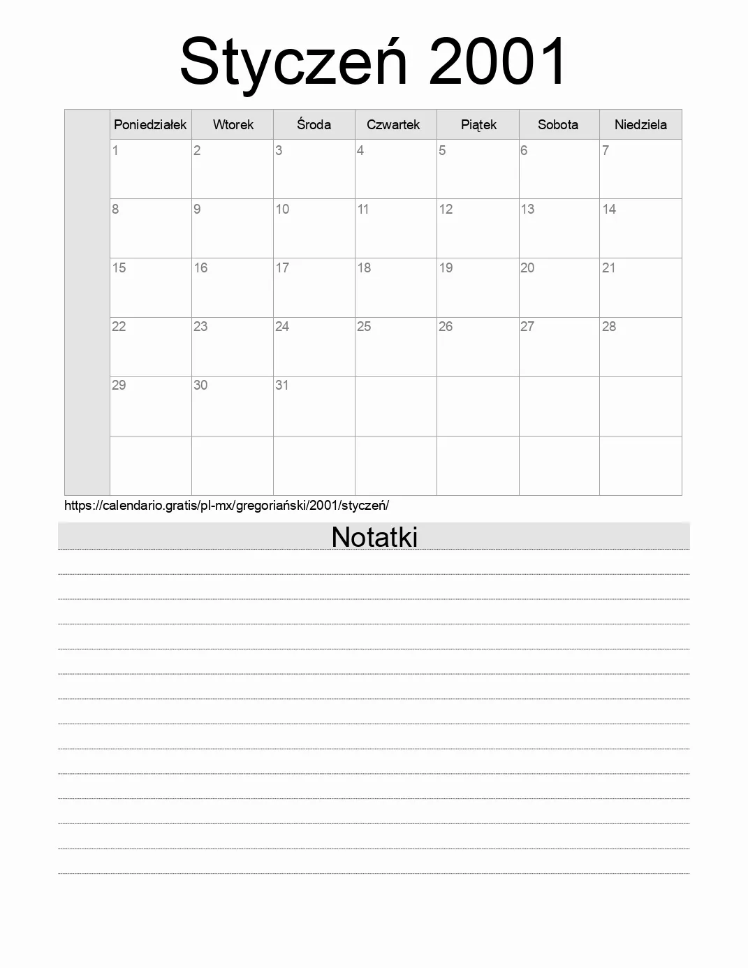 Kalendarz na Styczeń 2001 do druku z notatkami. (Meksyk) Kalendarz na Styczeń 2001 do druku z notatkami. (Meksyk)