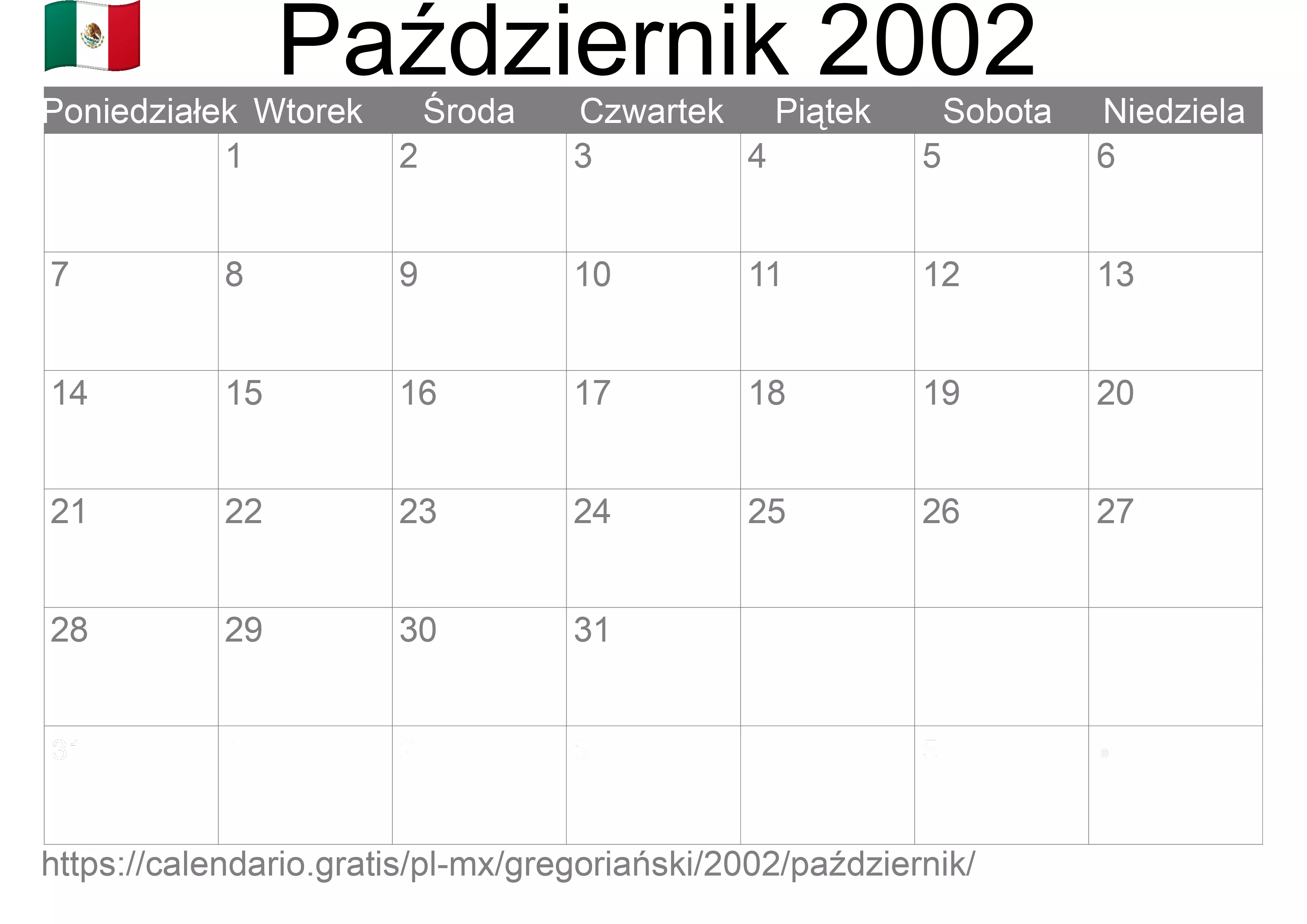 Kalendarz na Październik 2002 do druku (Meksyk) Kalendarz na Październik 2002 do druku (Meksyk)