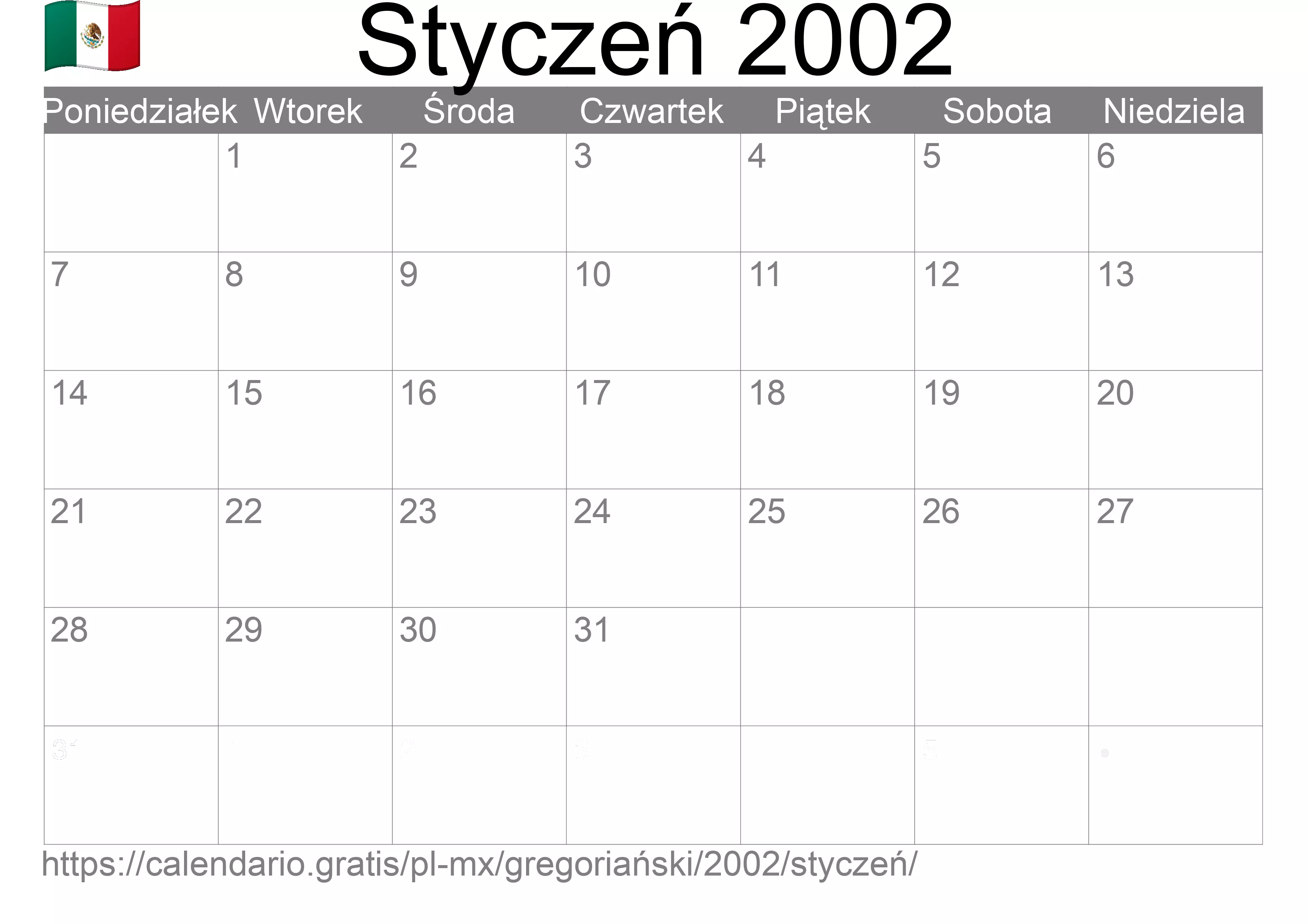 Kalendarz na Styczeń 2002 do druku (Meksyk) Kalendarz na Styczeń 2002 do druku (Meksyk)