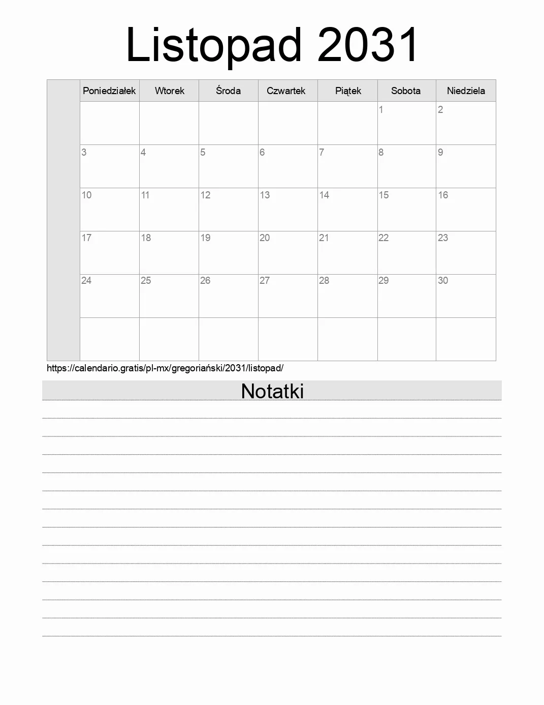 Kalendarz na Listopad 2031 do druku z notatkami. (Meksyk)