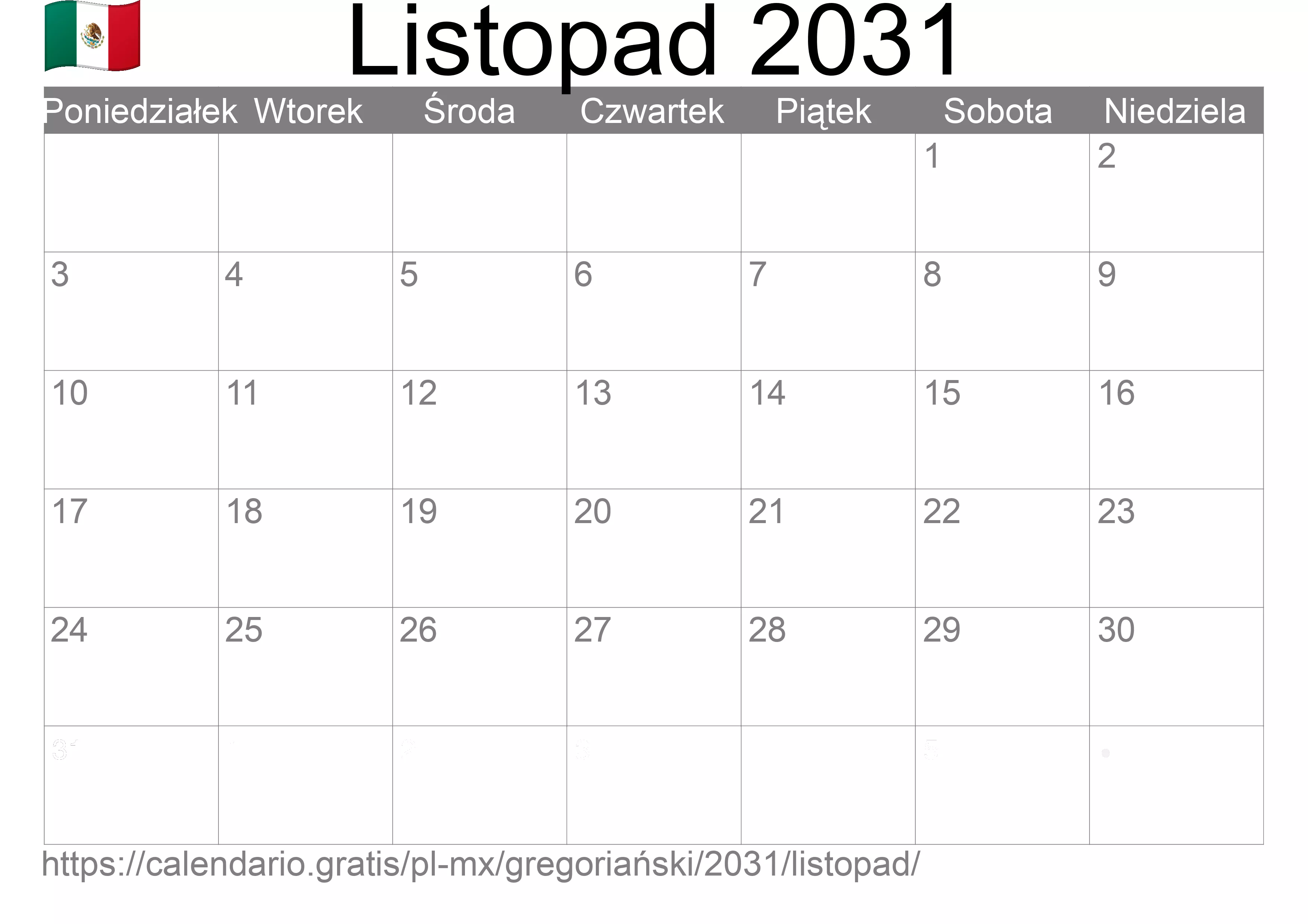 Kalendarz na Listopad 2031 do druku (Meksyk)