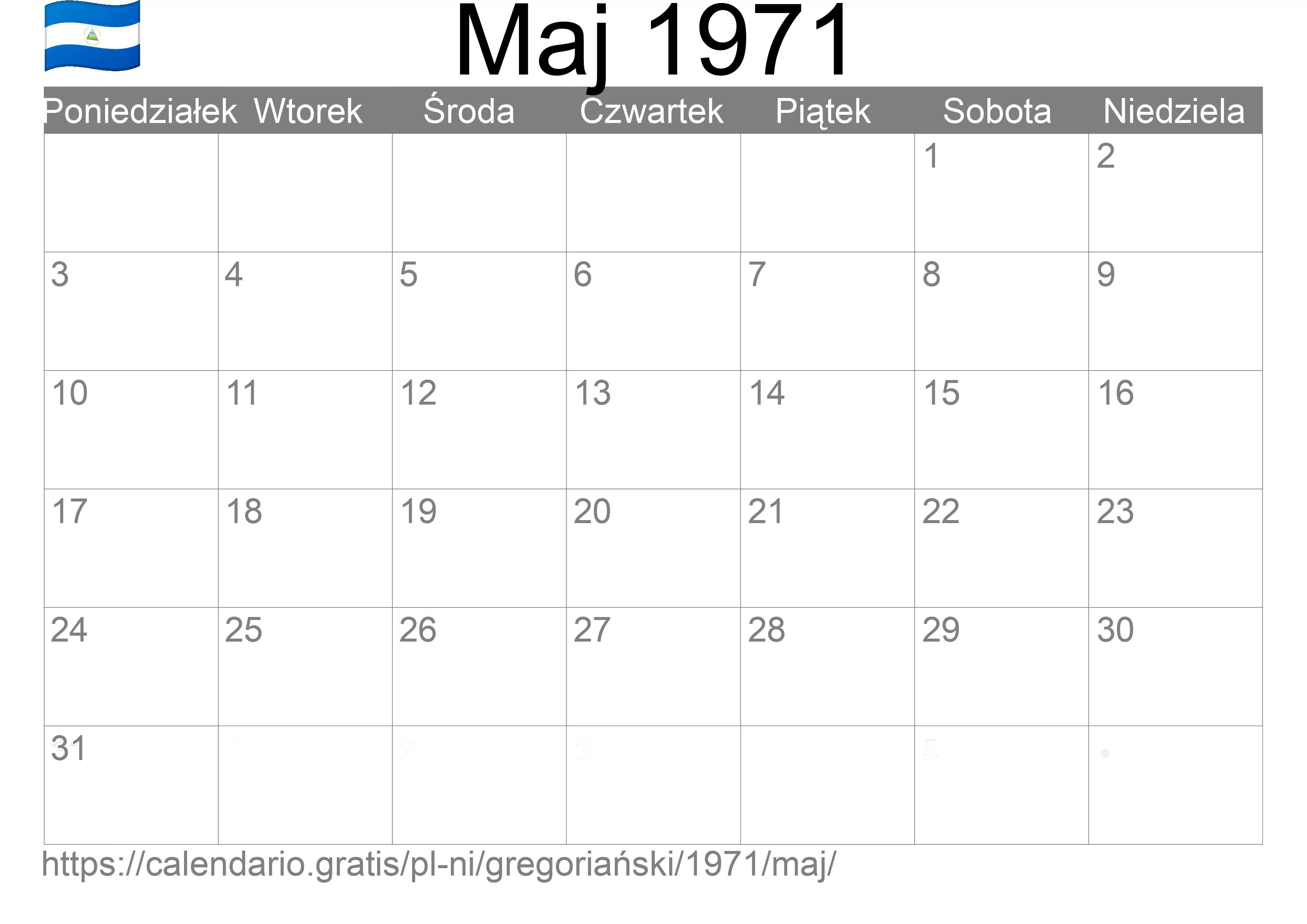 Kalendarz na Maj 1971 do druku (Nikaragua) Kalendarz na Maj 1971 do druku (Nikaragua)