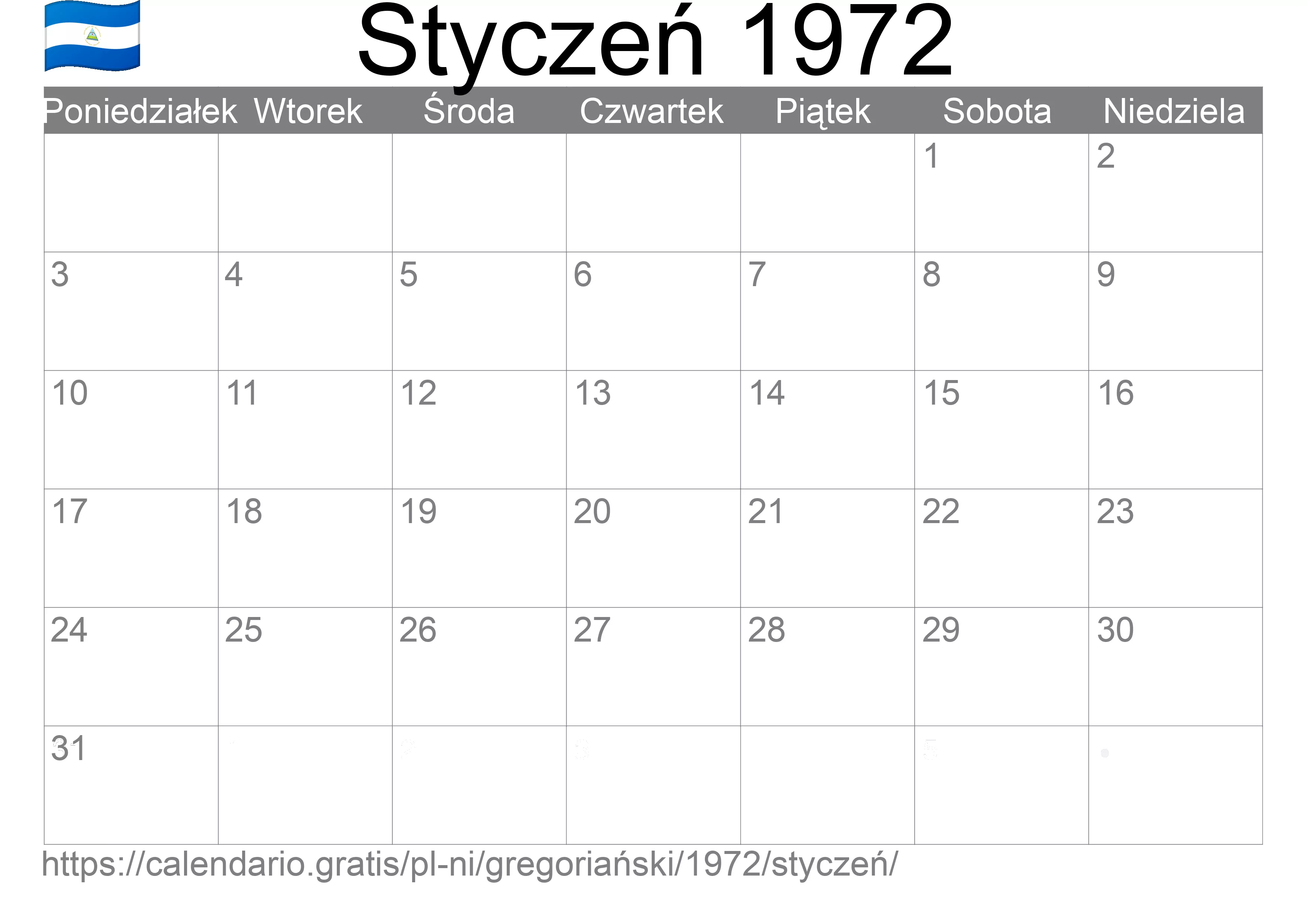 Kalendarz na Styczeń 1972 do druku (Nikaragua) Kalendarz na Styczeń 1972 do druku (Nikaragua)