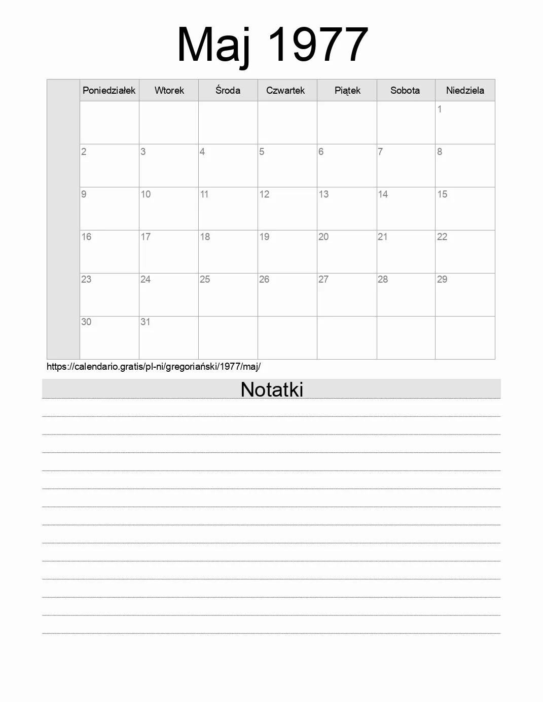 Kalendarz na Maj 1977 do druku z notatkami. (Nikaragua) Kalendarz na Maj 1977 do druku z notatkami. (Nikaragua)