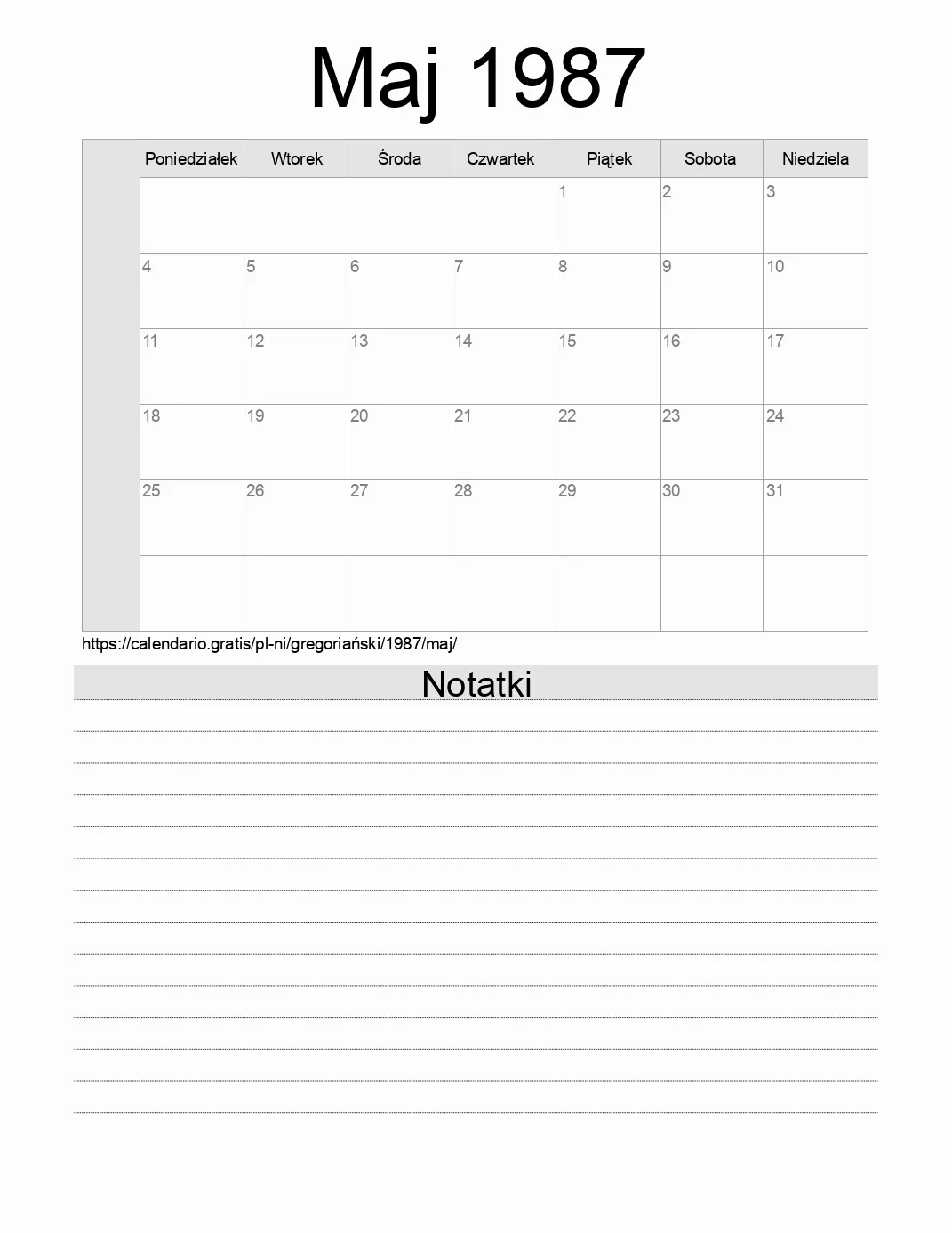 Kalendarz na Maj 1987 do druku z notatkami. (Nikaragua) Kalendarz na Maj 1987 do druku z notatkami. (Nikaragua)