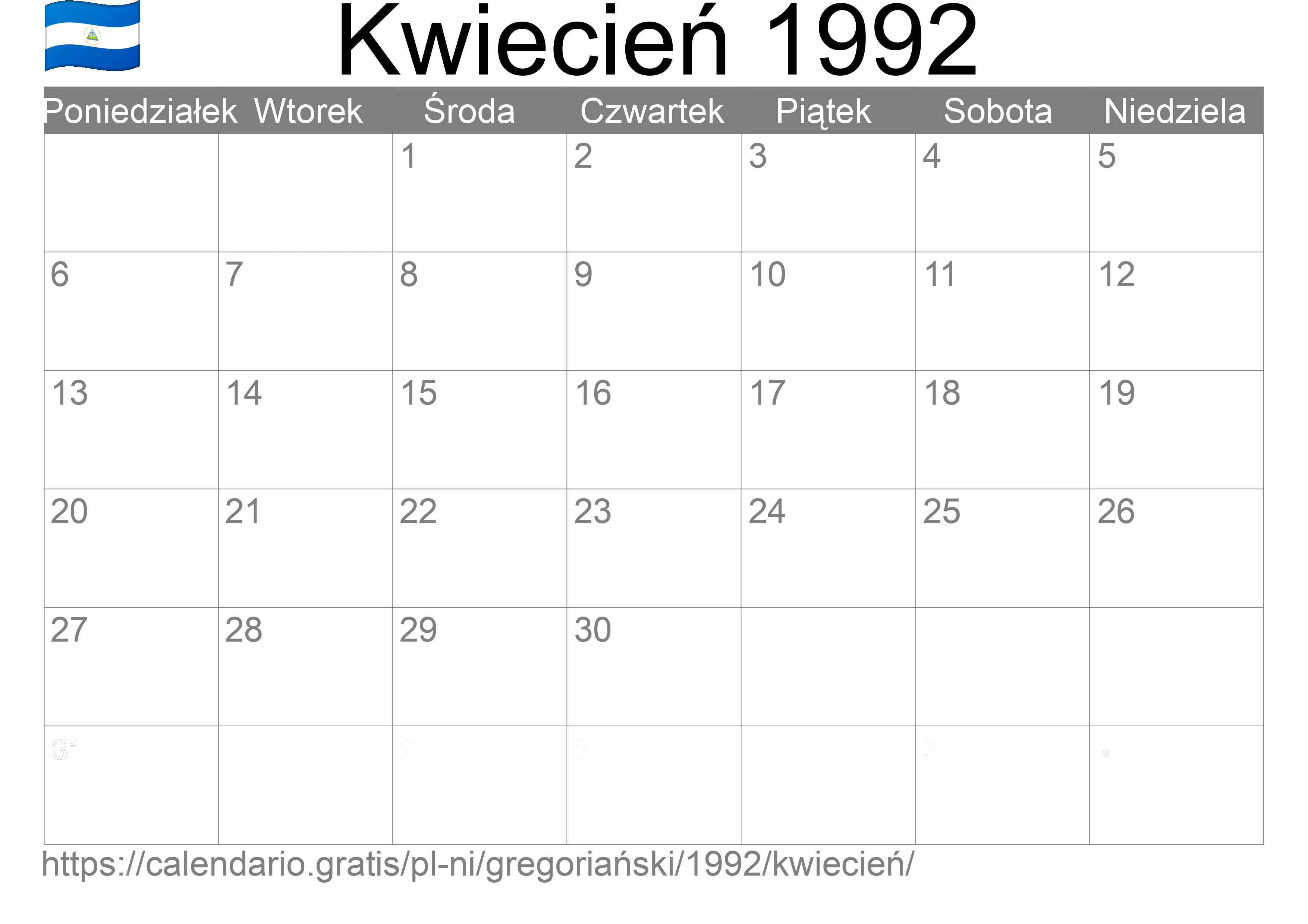 Kalendarz na Kwiecień 1992 do druku (Nikaragua)