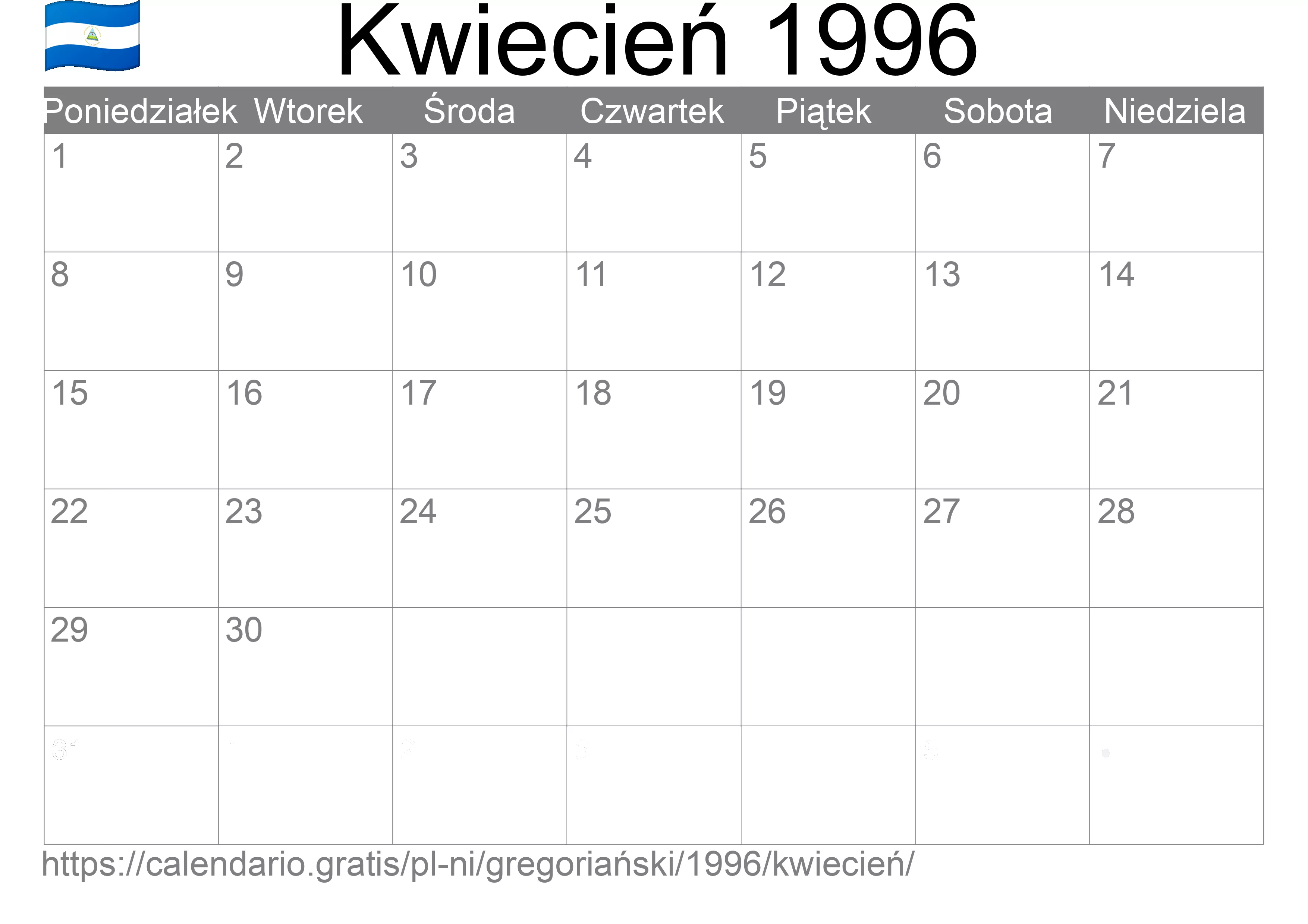 Kalendarz na Kwiecień 1996 do druku (Nikaragua)
