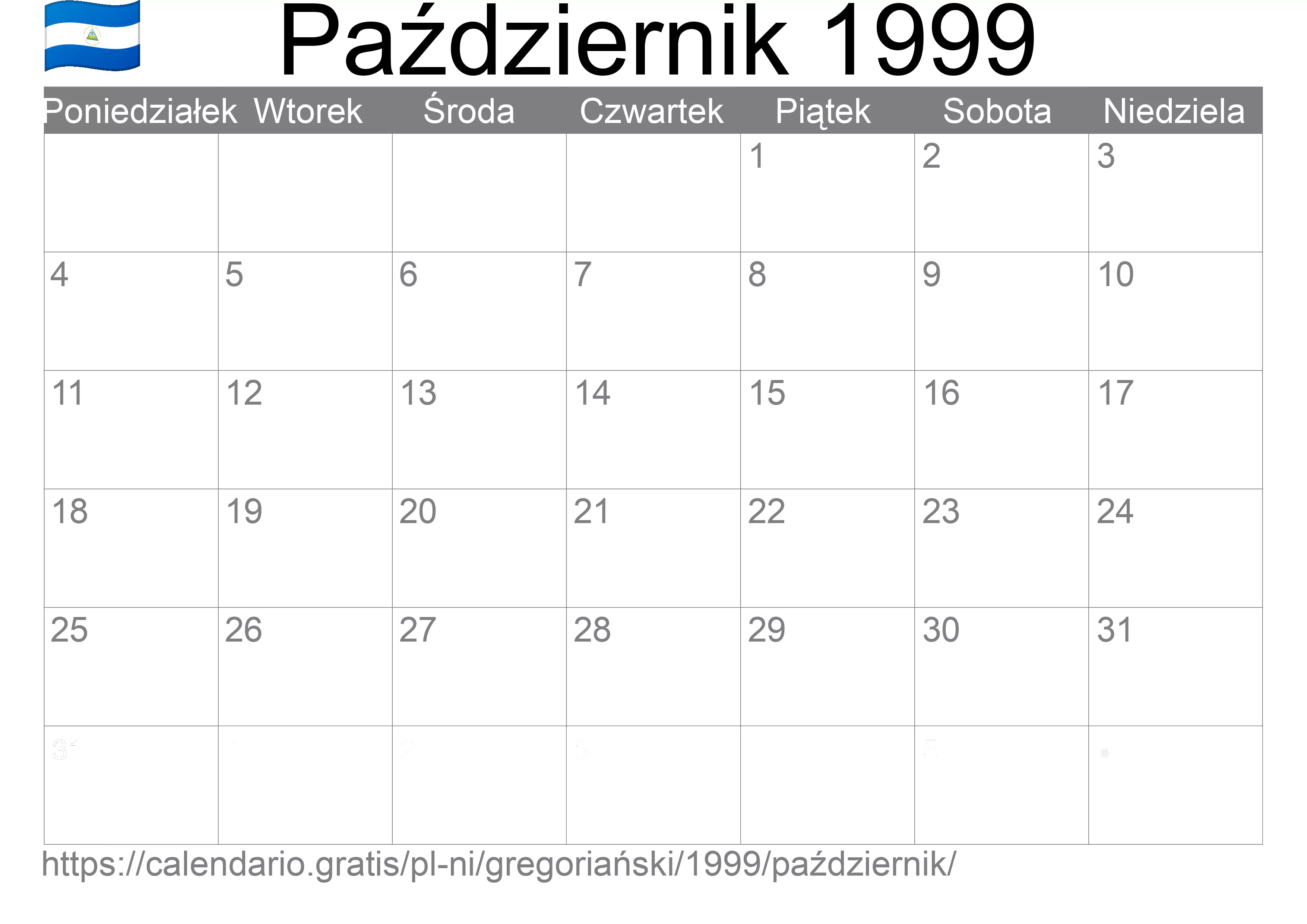 Kalendarz na Październik 1999 do druku (Nikaragua) Kalendarz na Październik 1999 do druku (Nikaragua)