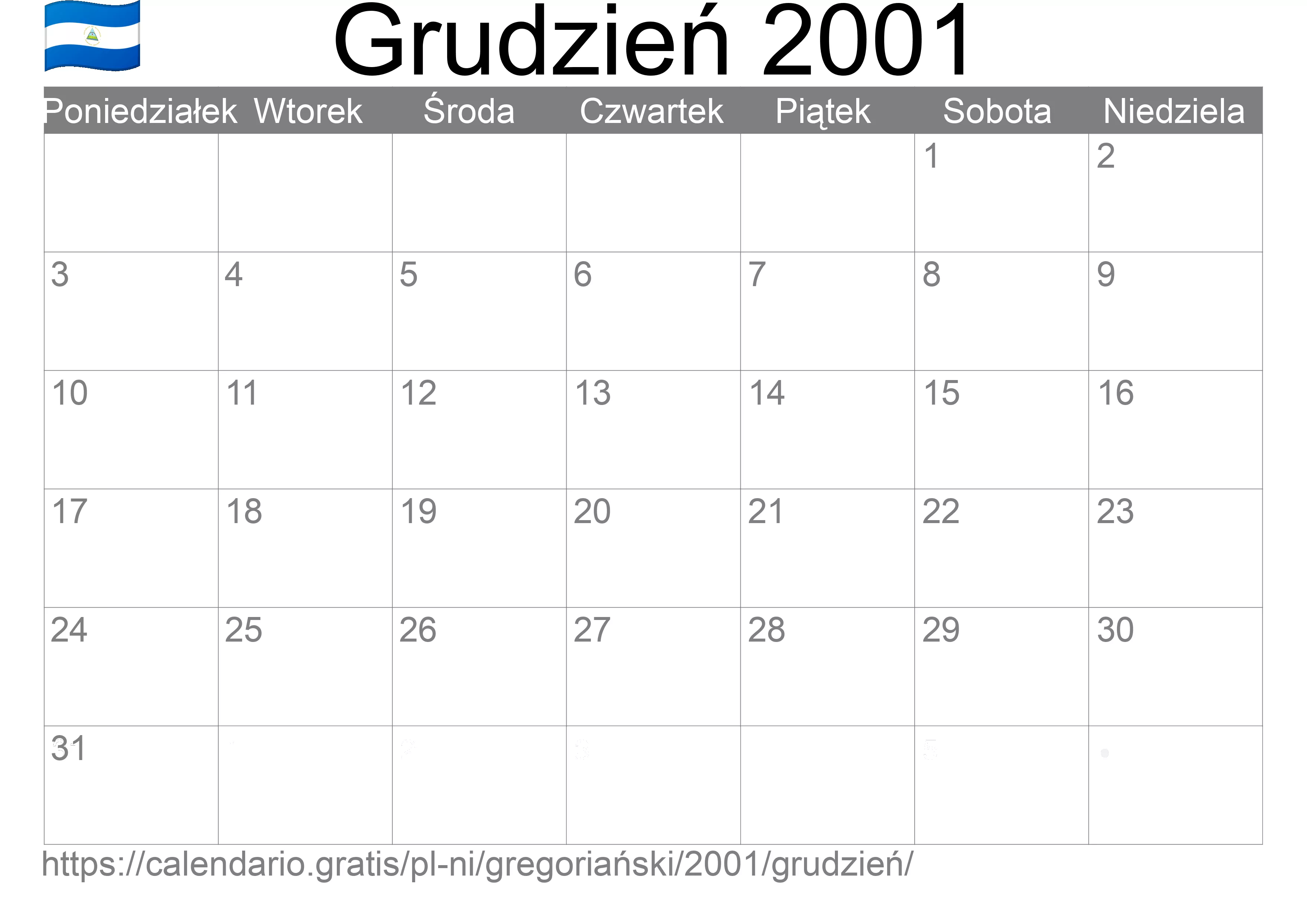 Kalendarz na Grudzień 2001 do druku (Nikaragua) Kalendarz na Grudzień 2001 do druku (Nikaragua)