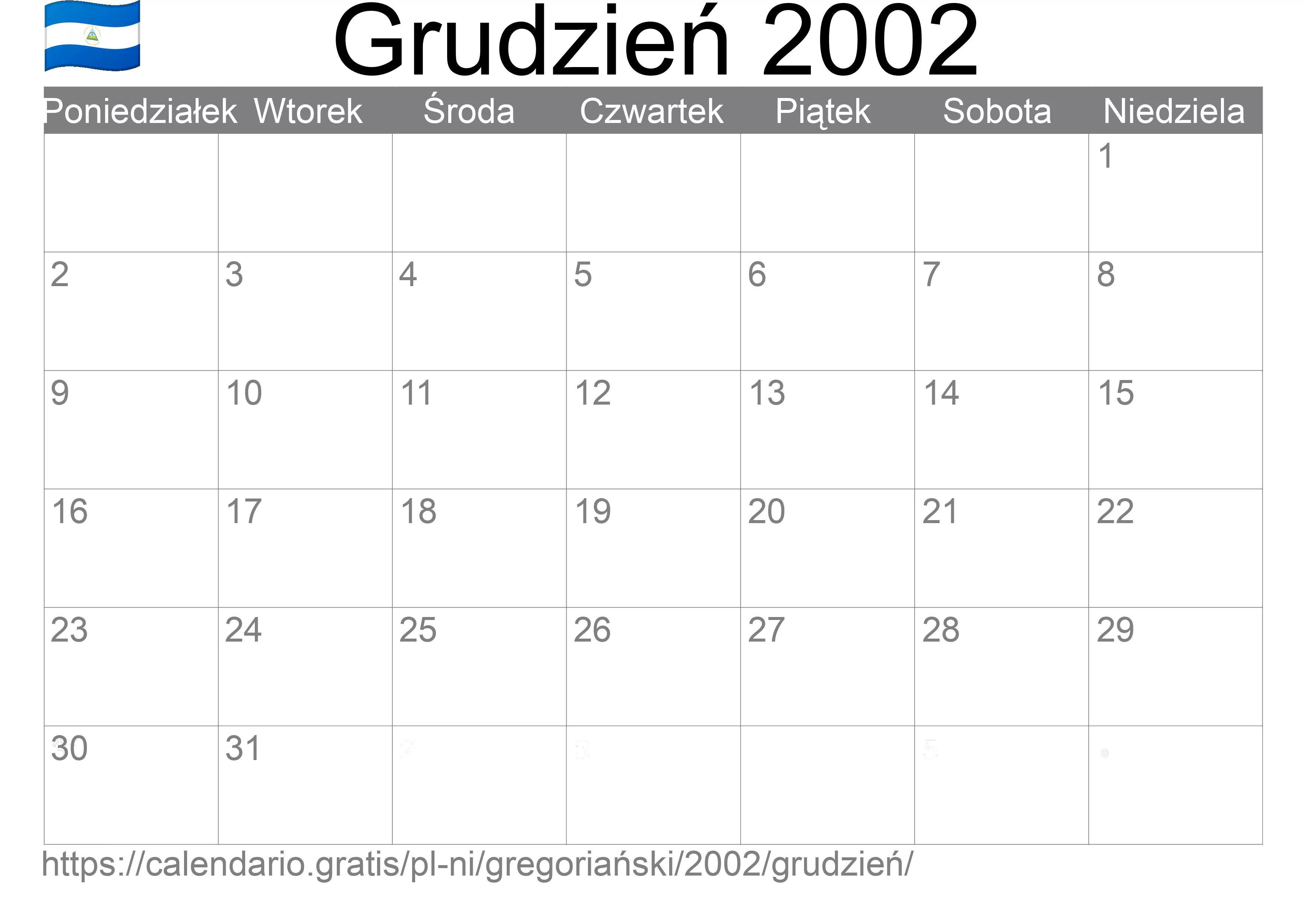 Kalendarz na Grudzień 2002 do druku (Nikaragua) Kalendarz na Grudzień 2002 do druku (Nikaragua)