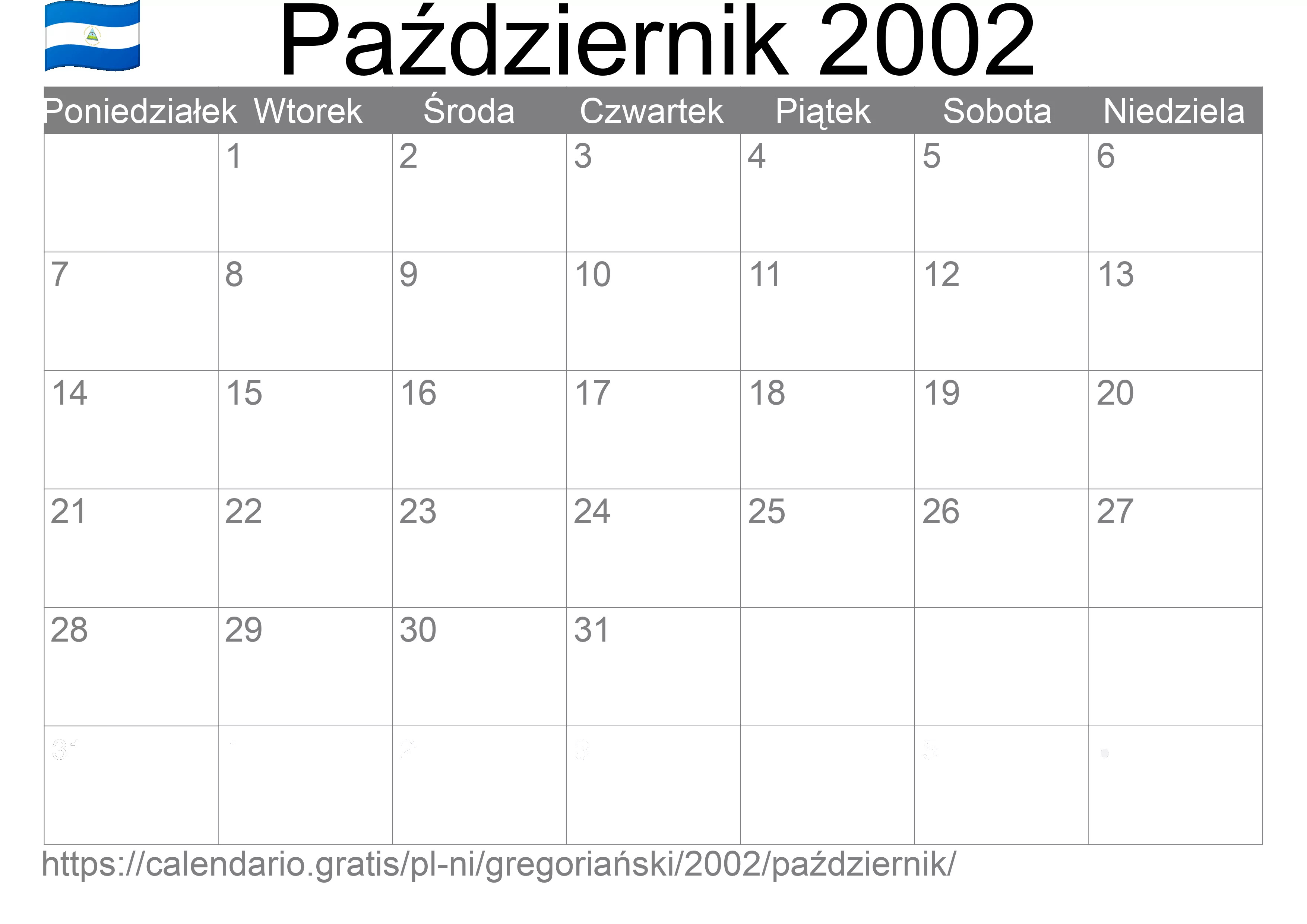 Kalendarz na Październik 2002 do druku (Nikaragua) Kalendarz na Październik 2002 do druku (Nikaragua)