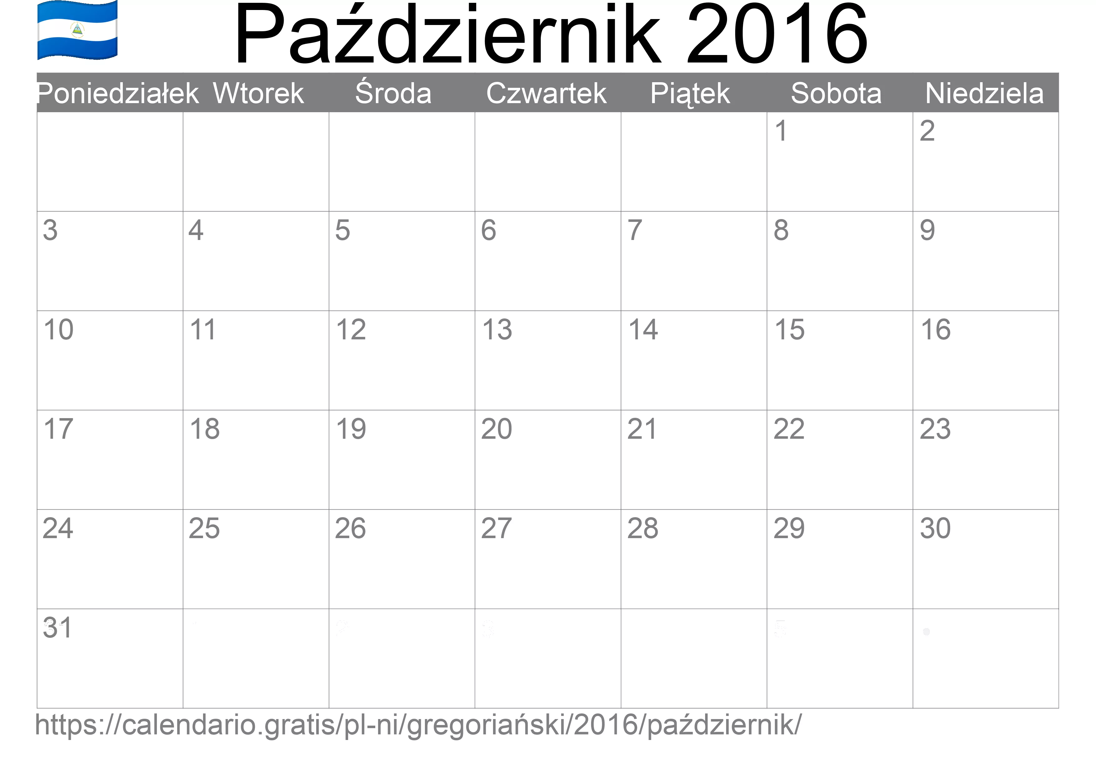 Kalendarz na Październik 2016 do druku (Nikaragua) Kalendarz na Październik 2016 do druku (Nikaragua)