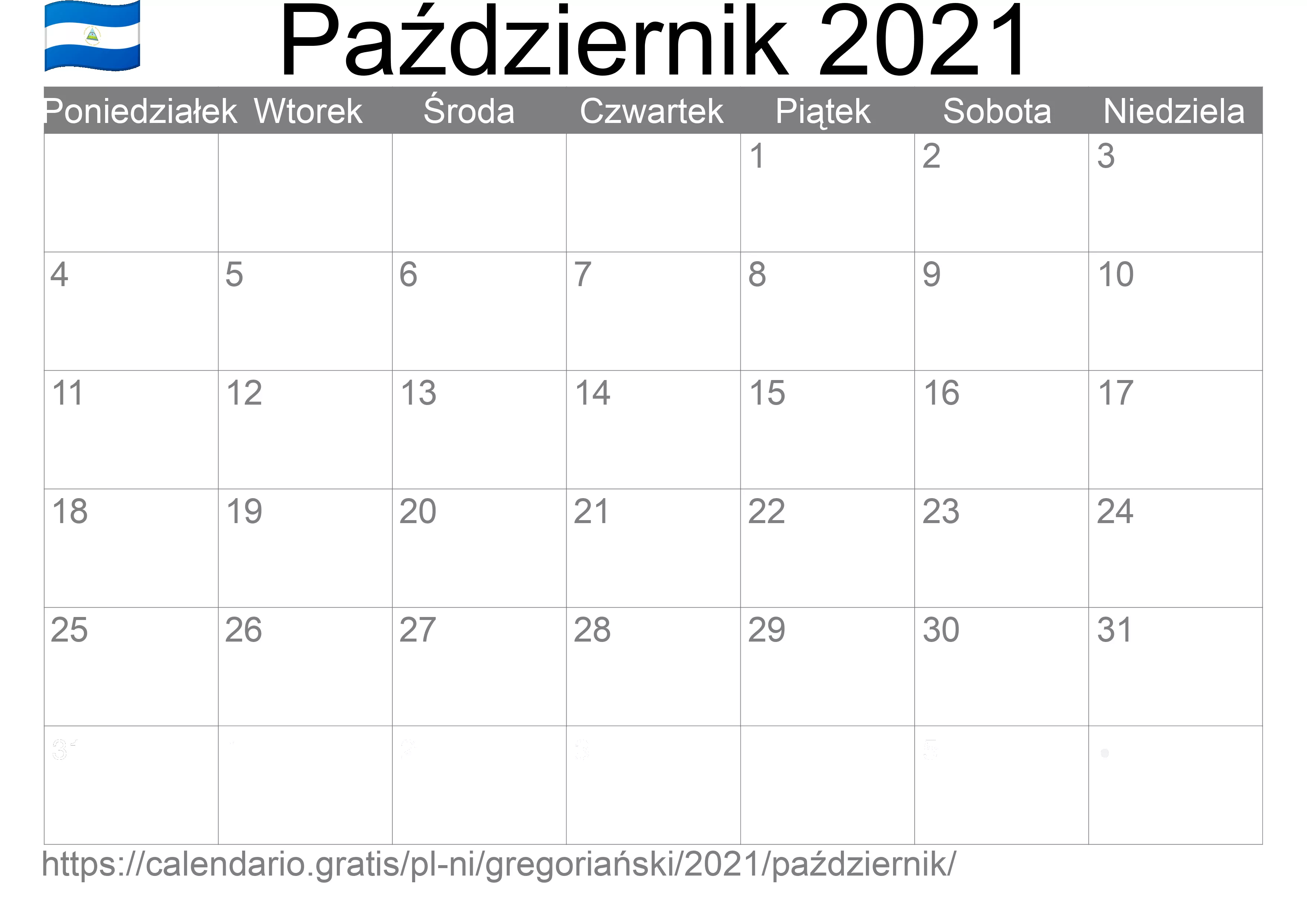 Kalendarz na Październik 2021 do druku (Nikaragua) Kalendarz na Październik 2021 do druku (Nikaragua)