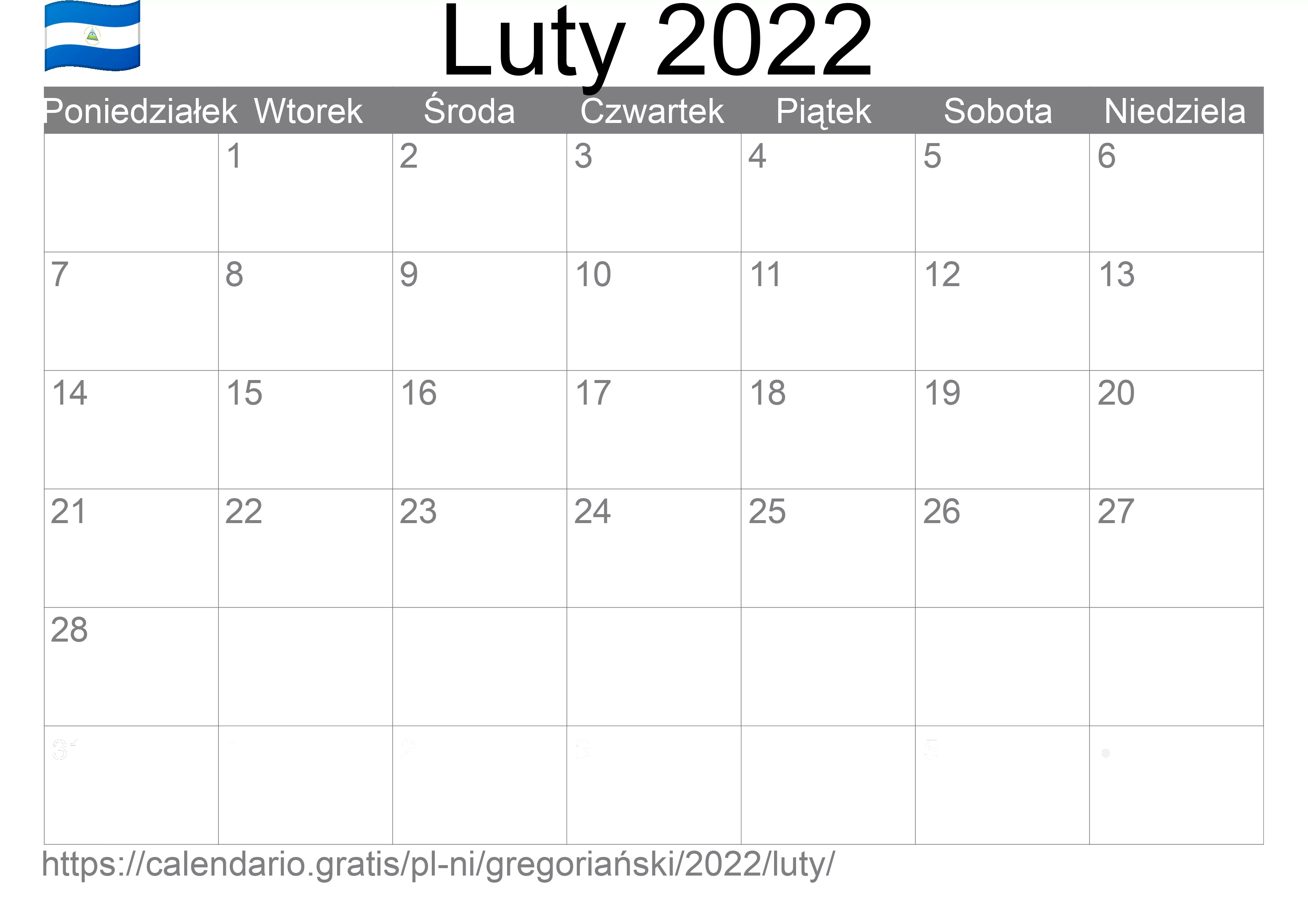 Kalendarz na Luty 2022 do druku (Nikaragua) Kalendarz na Luty 2022 do druku (Nikaragua)