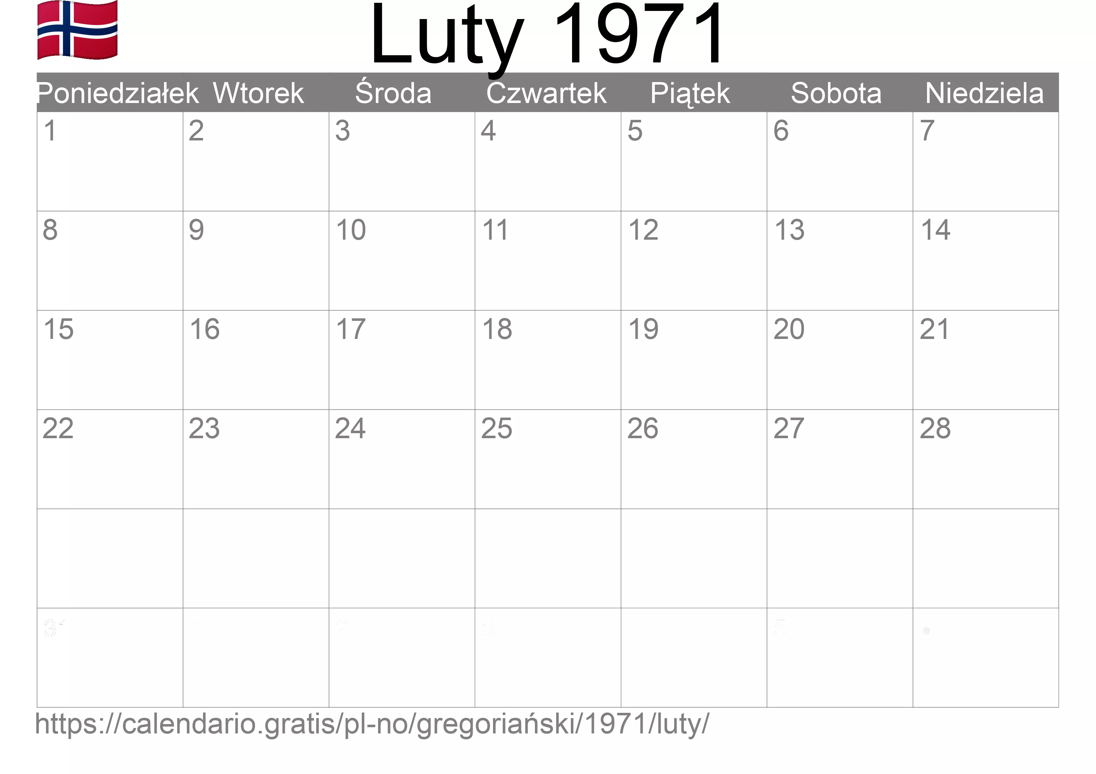 Kalendarz na Luty 1971 do druku (Norwegia)