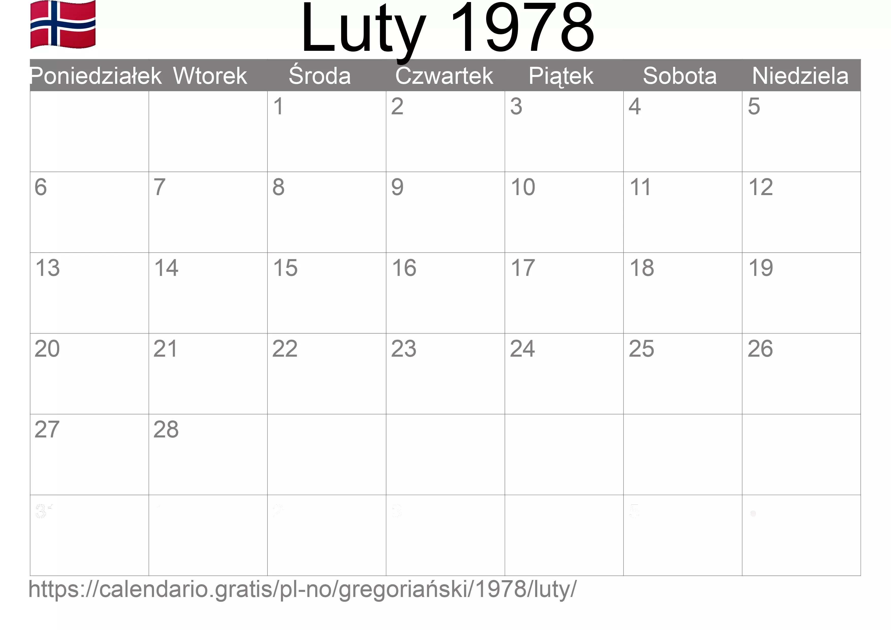 Kalendarz na Luty 1978 do druku (Norwegia)
