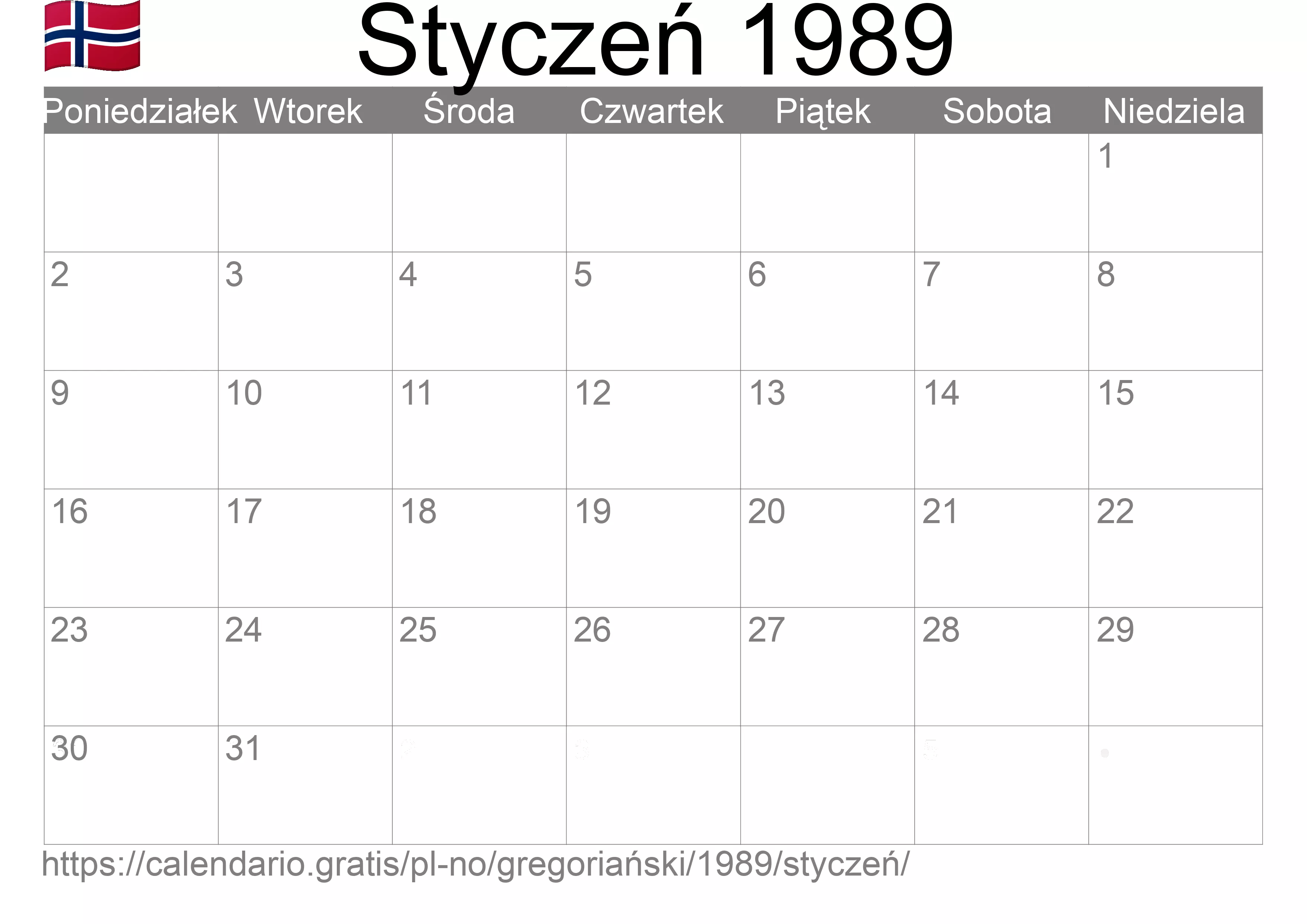 Kalendarz na Styczeń 1989 do druku (Norwegia) Kalendarz na Styczeń 1989 do druku (Norwegia)