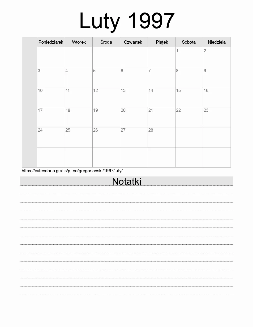 Kalendarz na Luty 1997 do druku z notatkami. (Norwegia)