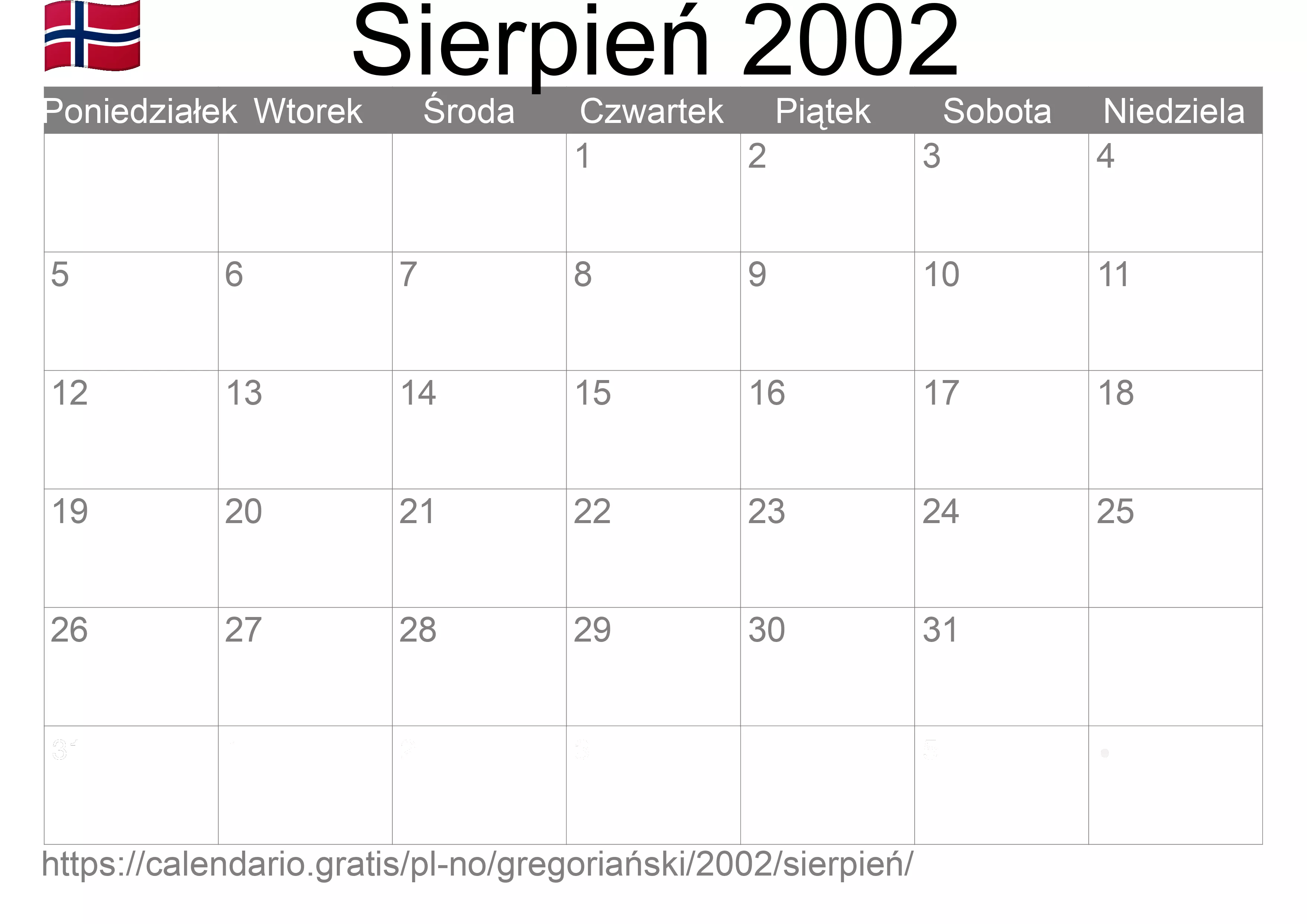 Kalendarz na Sierpień 2002 do druku (Norwegia)