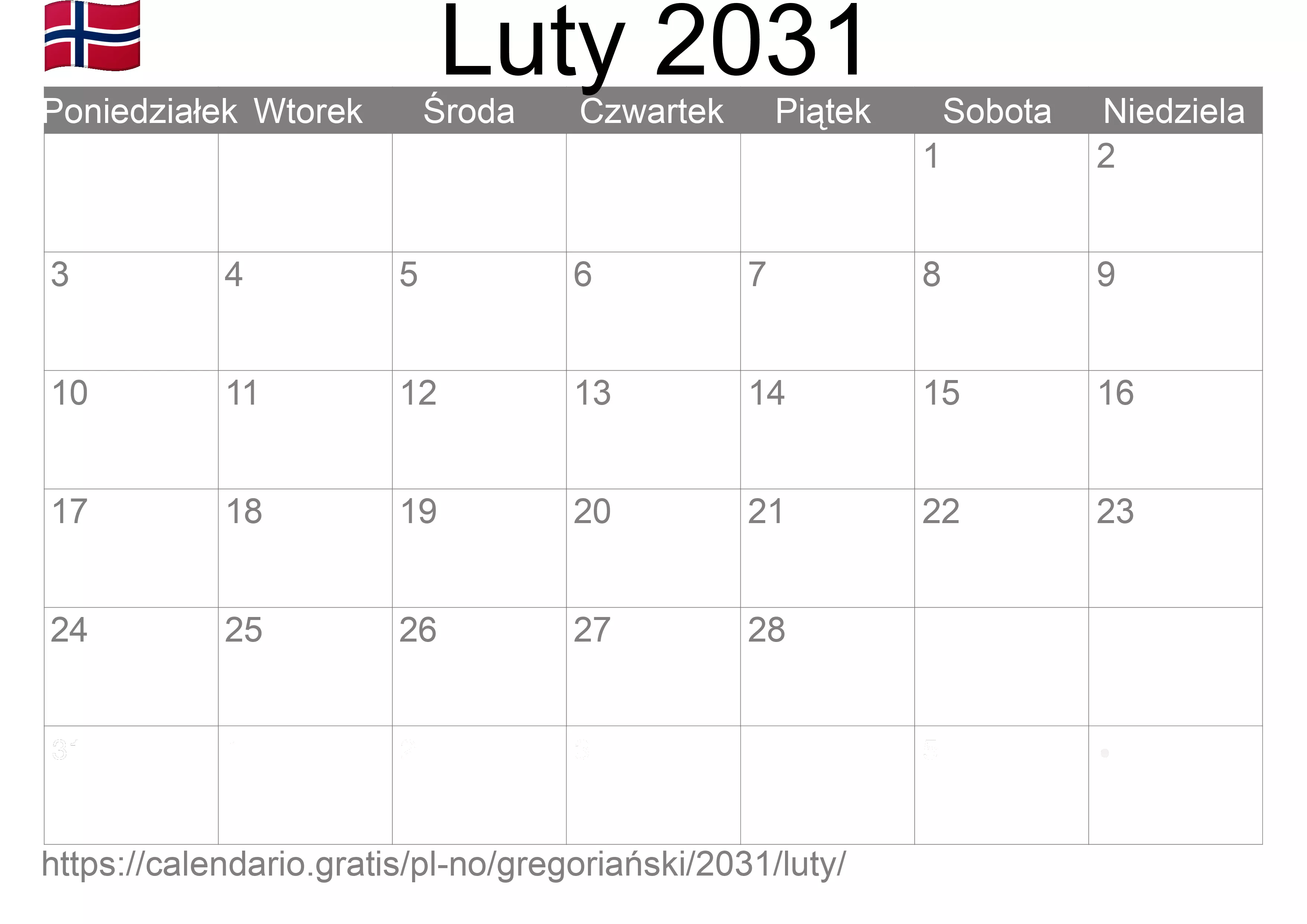 Kalendarz na Luty 2031 do druku (Norwegia)