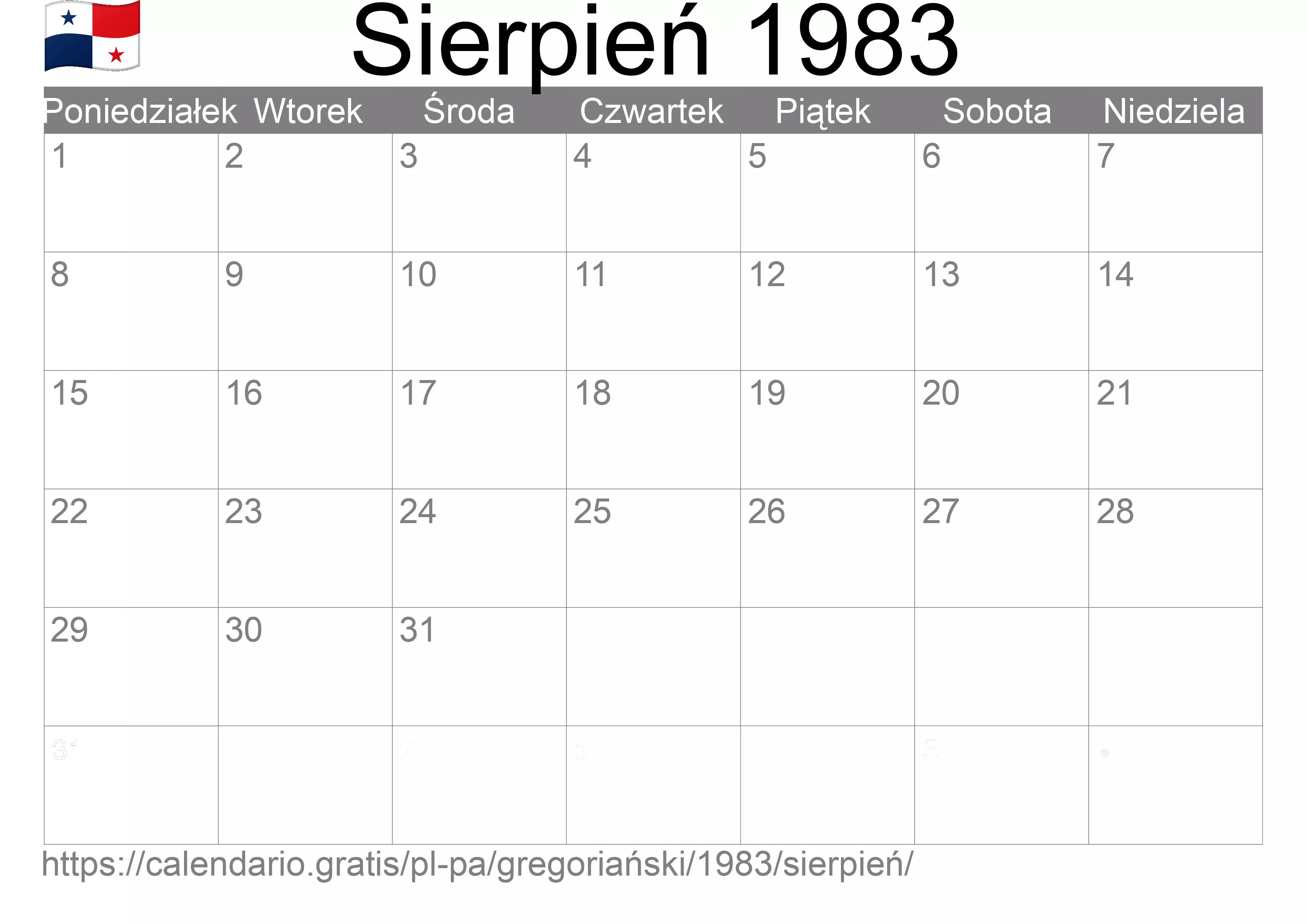 Kalendarz na Sierpień 1983 do druku (Panama)